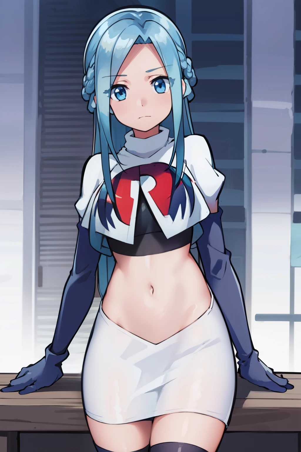 masterpiece, best quality, 1girl, solo, looking at viewer, , depth of field, (watercolor illustration, soft pastel colors:1.1), , olivia_servant, blue hair, blue eyes, team rocket,team rocket uniform,white skirt,red letter R,crop top,black thigh-highs,black elbow gloves,