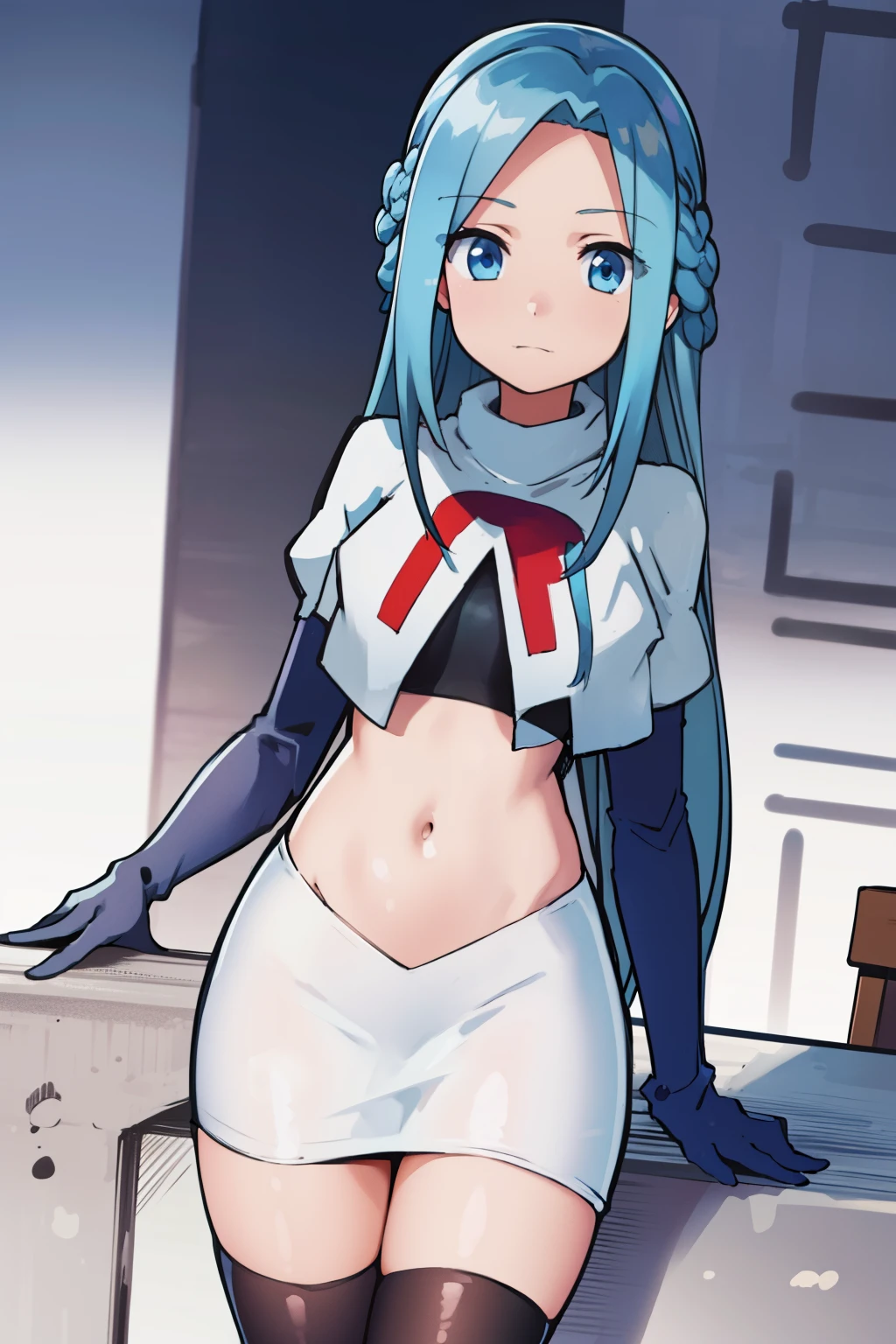 masterpiece, best quality, 1girl, solo, looking at viewer, , depth of field, (watercolor illustration, soft pastel colors:1.1), , olivia_servant, blue hair, blue eyes, team rocket,team rocket uniform,white skirt,red letter R,crop top,black thigh-highs,black elbow gloves,