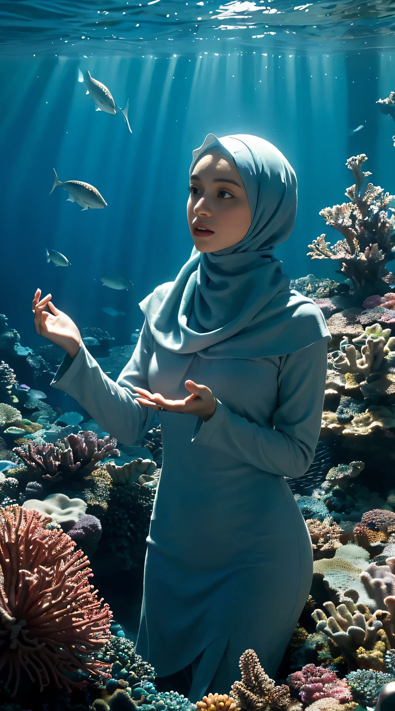 (masterpiece, best quality, realistic, ultra-realistic, realism, photorealism, 8k wallpaper, high quality, absurdres, trending on ArtStation), Plunge into the extraordinary world beneath the ocean's surface and depict the captivating scene of a girl in (hijab with underscarf:1.2) standing at the bottom of the ocean, surrounded by a bustling array of ocean life. Bring the viewer up close and personal with the girl and the underwater realm, allowing them to appreciate the intricate details of the marine environment. Show the girl as a central figure, conveying a sense of wonder and harmony as she interacts with the underwater creatures. Use a vivid color palette to showcase the brilliant hues of coral, the shimmering scales of fish, and the delicate movements of sea plants. Incorporate elements such as seashells, starfish, and other marine flora and fauna to enhance the realism and create a sense of depth. Let the artwork transport viewers into a mesmerizing underwater world, where they can imagine themselves immersed in the girl's serene and awe-inspiring oceanic encounter.