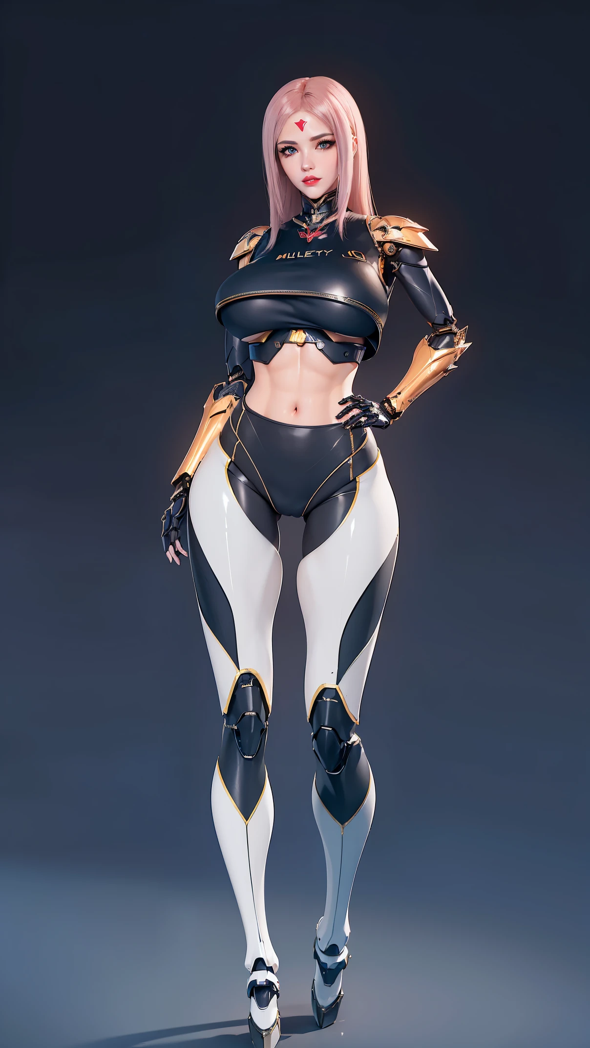 physically-based rendering, (girl alone:1.5), (muscular body,huge fake breast:1.4), street city, slim waist, big buttocks, (Full body:1.3), standing, skintight leggings, (wearing futuristic mecha armor full set crop top:1.5).