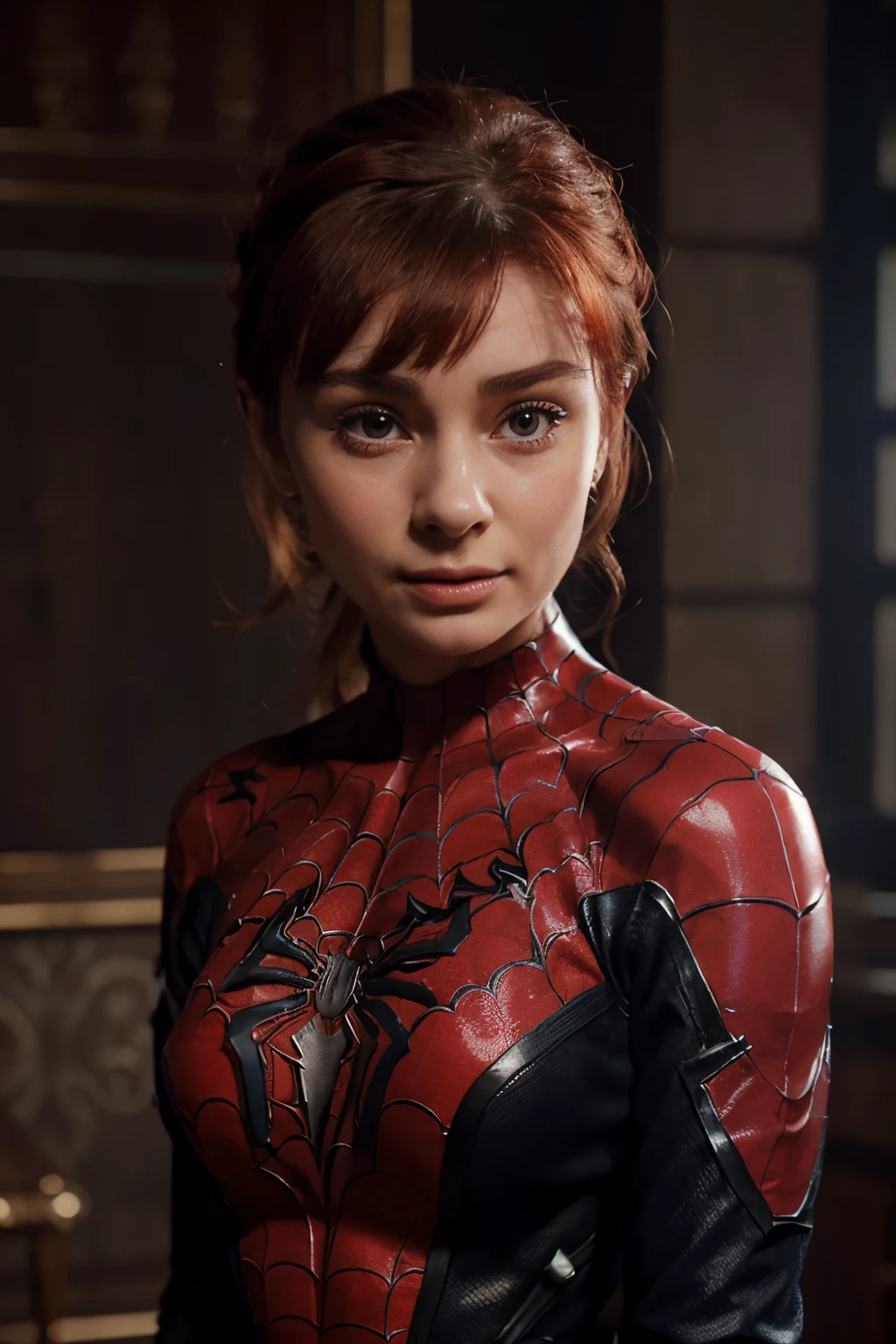 best quality,game cg,1girl, masterpiece, best quality, 8k, detailed skin texture, detailed cloth texture, beautiful detailed face, intricate details, ultra detailed, audrey hepburn, Spider-Man uniform, straight red hair, (Half body:1.2)