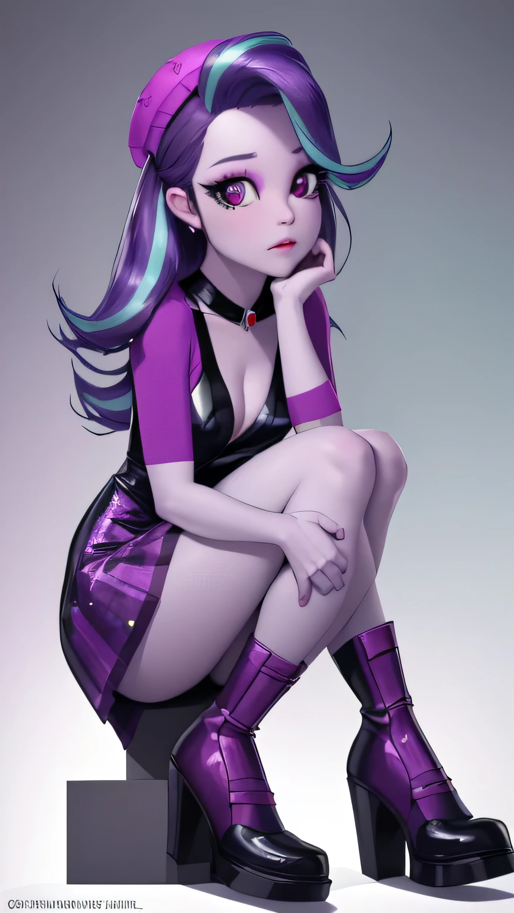 Full body,seated, beautiful, pretty, (best quality,ultra-detailed,realistic:1.37) Starlight Glimmer, a human character from the animated series, purple skin, wearing a meticulously crafted outfit that combines elements from her own wardrobe and Sonata's wardrove. The outfit consists of a stunning short tube skirt, a stylish cap that adds a touch of charm, an elegant collar that enhances her neckline, and a pair of sleek boots that perfectly complement her ensemble. Starlight Glimmer is seated, with a mesmerizing front view that captures the depth of her expression and personality. The scene is set against a backdrop of a serene and enchanting environment, with soft, diffused lighting that highlights the subtle details of her attire. The colors of the artwork are vibrant and rich, adding depth and visual appeal to the overall composition. 