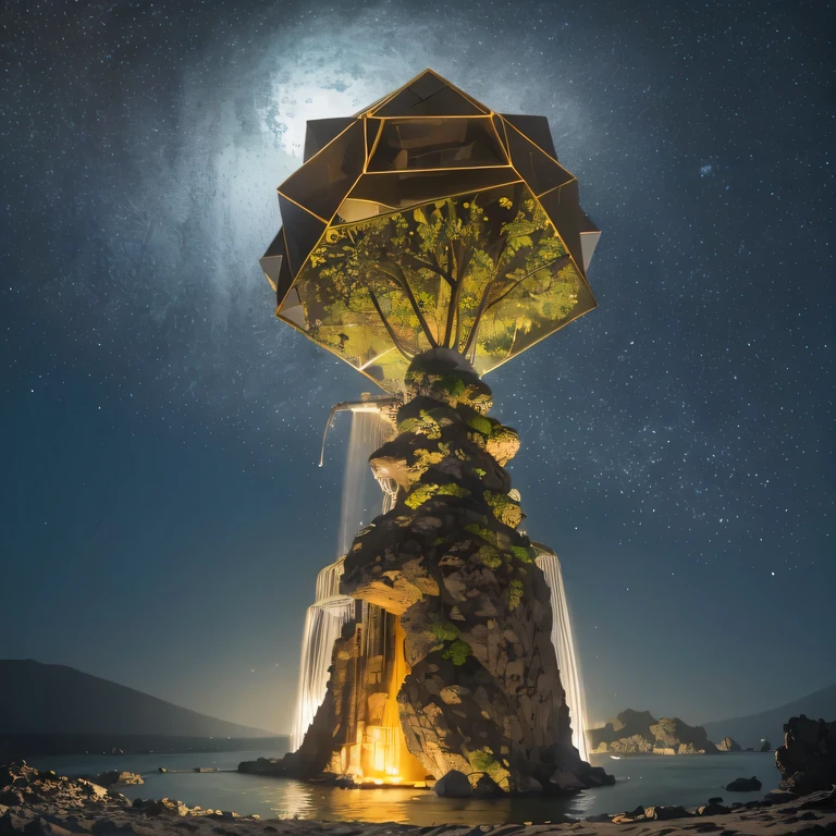 Octopus Man Hexagonal Base(Very detailed) In a hexagonal mountain oasis,There are several hexagonal exhaust fans and chimneys,some neon lights projecting from the base,light up the night),There are some clouds in the night sky,Some surrounding planets provide air to unknown planets,The most distant giant hexagonal volcanic eruption,rainforest