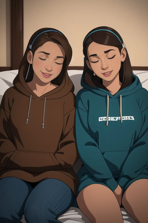 masterpiece, realistic, photography, best quality, 4k utral detailed, closed eyes, detailed eyelashes, two women listening to music sharing headphones,wearing headphones, relationship, relaxed face, smiling, looking at each other, wearing hoodies, inside, bedroom, sitting next to each other, side by side, long brown hair, facing viewer 