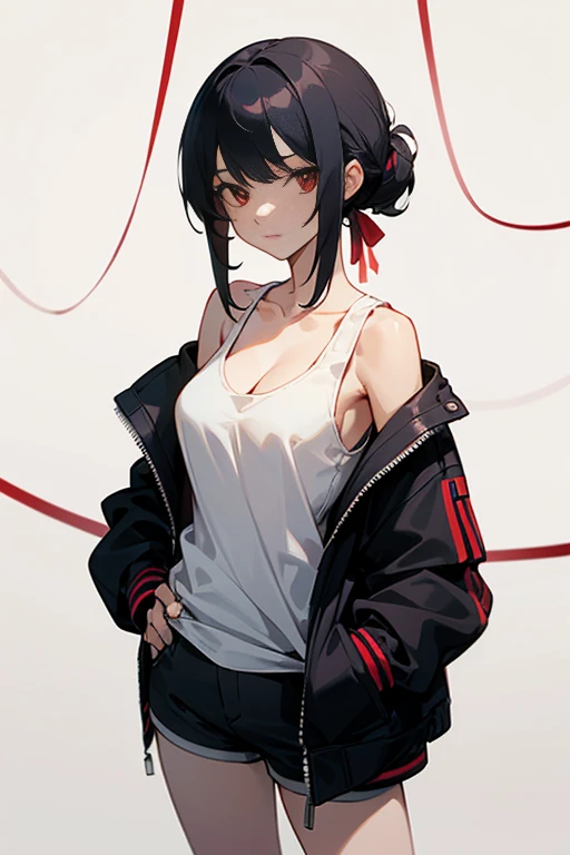 (((masterpiece))), red eyes, 1 girl, alone, looking at the viewer, chignon, black hair, long sleeve, cleavage, medium breasts, closed mouth, clavicle, white tank top, open jacket, black jacket, shorts,Expressionless,Two-dimensional beautiful girl,anime beautiful girl,Cool Beautiful Girl,Tie your hair with a red string