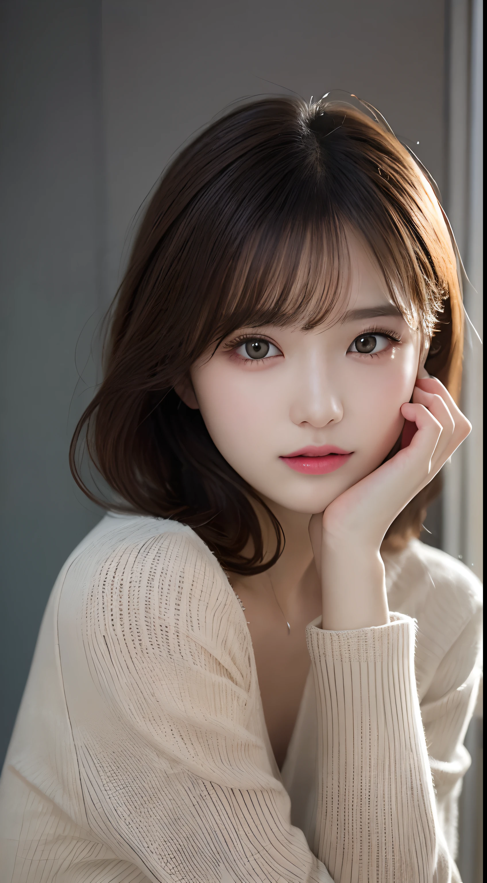 finely detail, hight resolution, hightquality、Perfect dynamic composition, Beautiful detailed eyes, Medium Hair, small tits、Natural Color Lip,Kamimei、Shibuya、20 years girl、1 persons、Transparent skin、Glowing hair、masutepiece, Best Quality, Illustration, Ultra-detailed, finely detail, hight resolution, 8K、The correct state of the human body、Crouch down、pretty pose,dishevled hair,beauty legs,Perfect beautiful face,KPOP Idol Face,Wear a long-sleeved knit dress