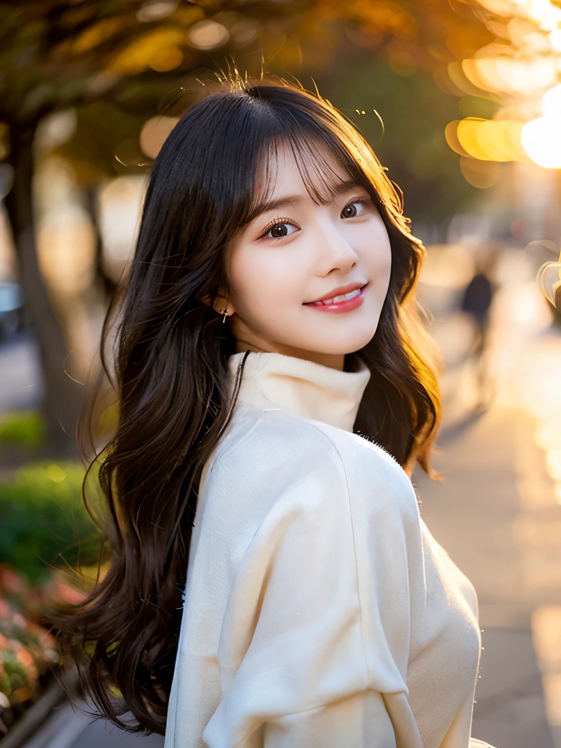 (cute beautiful girl, soft focus, best dynamic angle, sunset backlight effects, high aesthetic, best quality, masterpiece, extremely detailed:1.2), (SFW), BREAK, girl has healthy skin and pretty smiling beauty neat face and glossy lips and silky bobbed softy black hair and glamor feminine busty body and there with extremely details and beautiful and charming and silhouette, fashionable chic outer coat and turtleneck-sweater and pants, tree-lined avenue, autumn, evening with sunset sky, blown wind, ((looking at viewer)), 