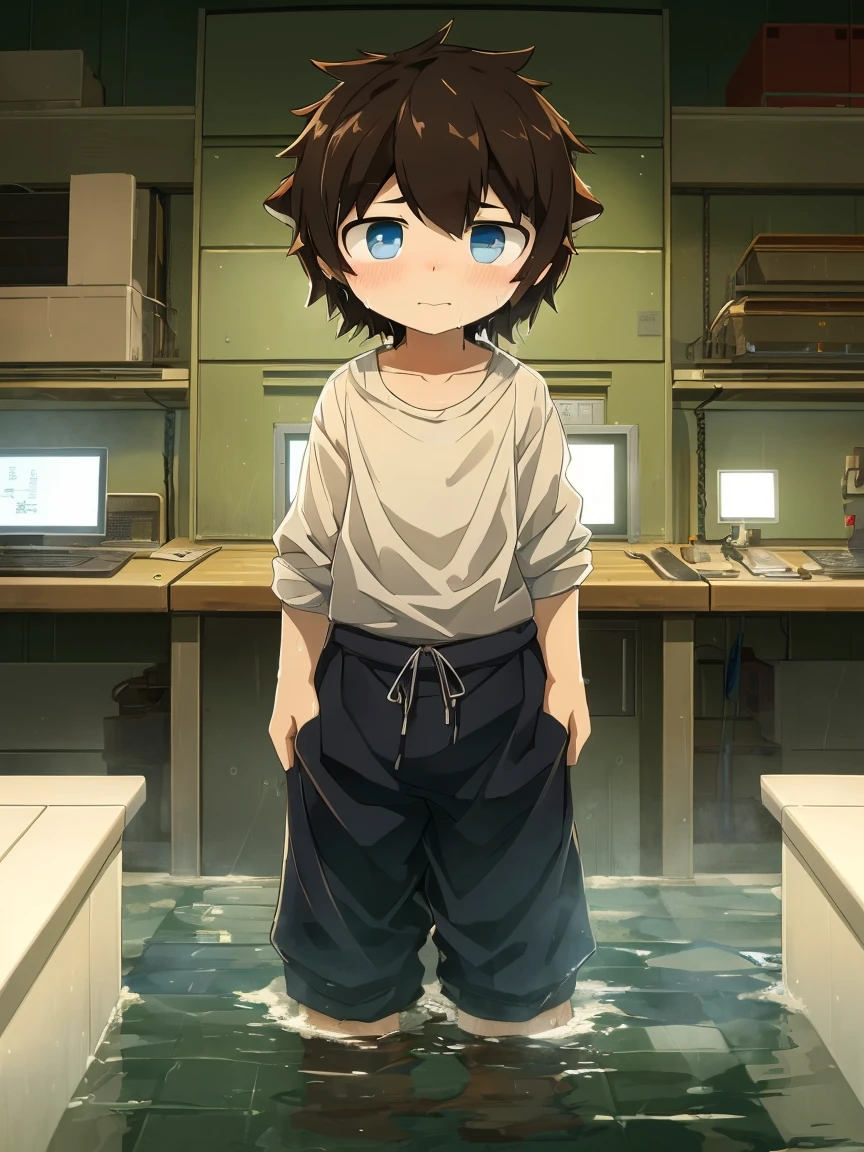 4K,8K,high resolution,masterpiece, best quality, big watery eyes, hairy, alone, wear, baggy clothes, wet fur, Flooded,((boys,Shota))In the lab