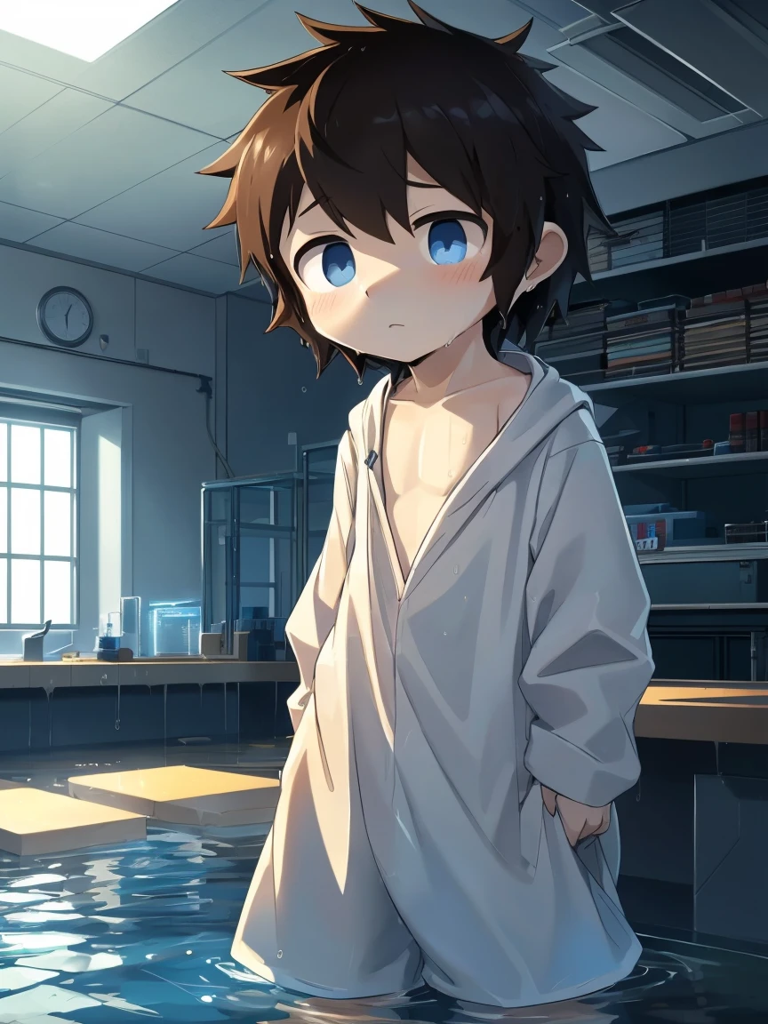 4K,8K,high resolution,masterpiece, best quality,boy,Humanity,Half-werewolf,Blue eyes, hairy, alone, Wearing plain black shorts, wet fur, Flooded,((boys,Shota))In the lab
