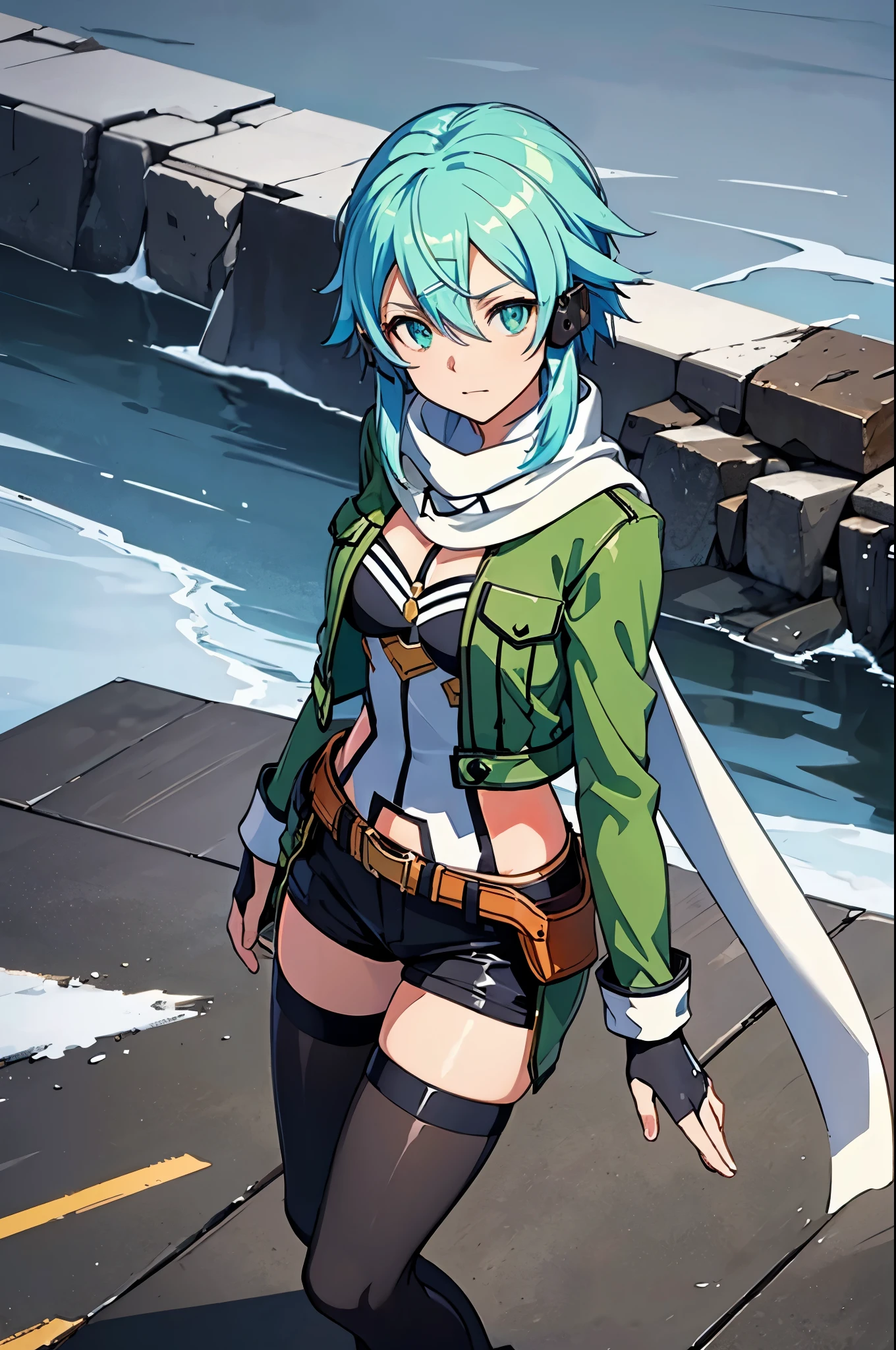 (masterpiece), best quality, expressive eyes, perfect face, highres, sinon1, scarf, fingerless gloves, long sleeves, short shorts, hair ornament, hairclip, green thighhighs, green jacket, thigh strap, field, ruins background, ruined structures, standing, portrait,  looking at the viewer, (from above:1.2)