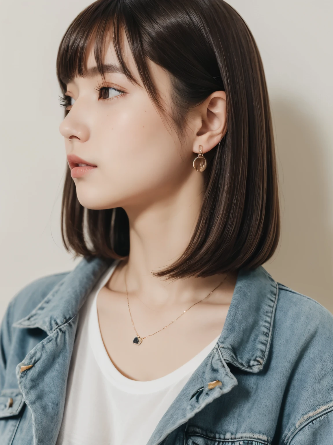 highest quality:1.3、masterpiece、High resolution、［1 girl］、｛solo｝、real person、Photo of a seductive woman with a loose style of brown hair, pose in the room, boredom, mascara, ,(rough skin, skin pores:1.1), (mole:0.8), (imperfect skin:1.1) intricate details, I get goosebumps, perfect face, (freckles:0.9), ((Photoreal):1.1), (immature, 8K:1.2), Cloudy, calm colors,、fine skin、Japanese、thin bunches of bangs、beaver、whole body、denim jackets、White T-shirt underneath、catch light、earrings、necklace、white wall、Upper body、((profile))、Landscape、Don't look at the camera