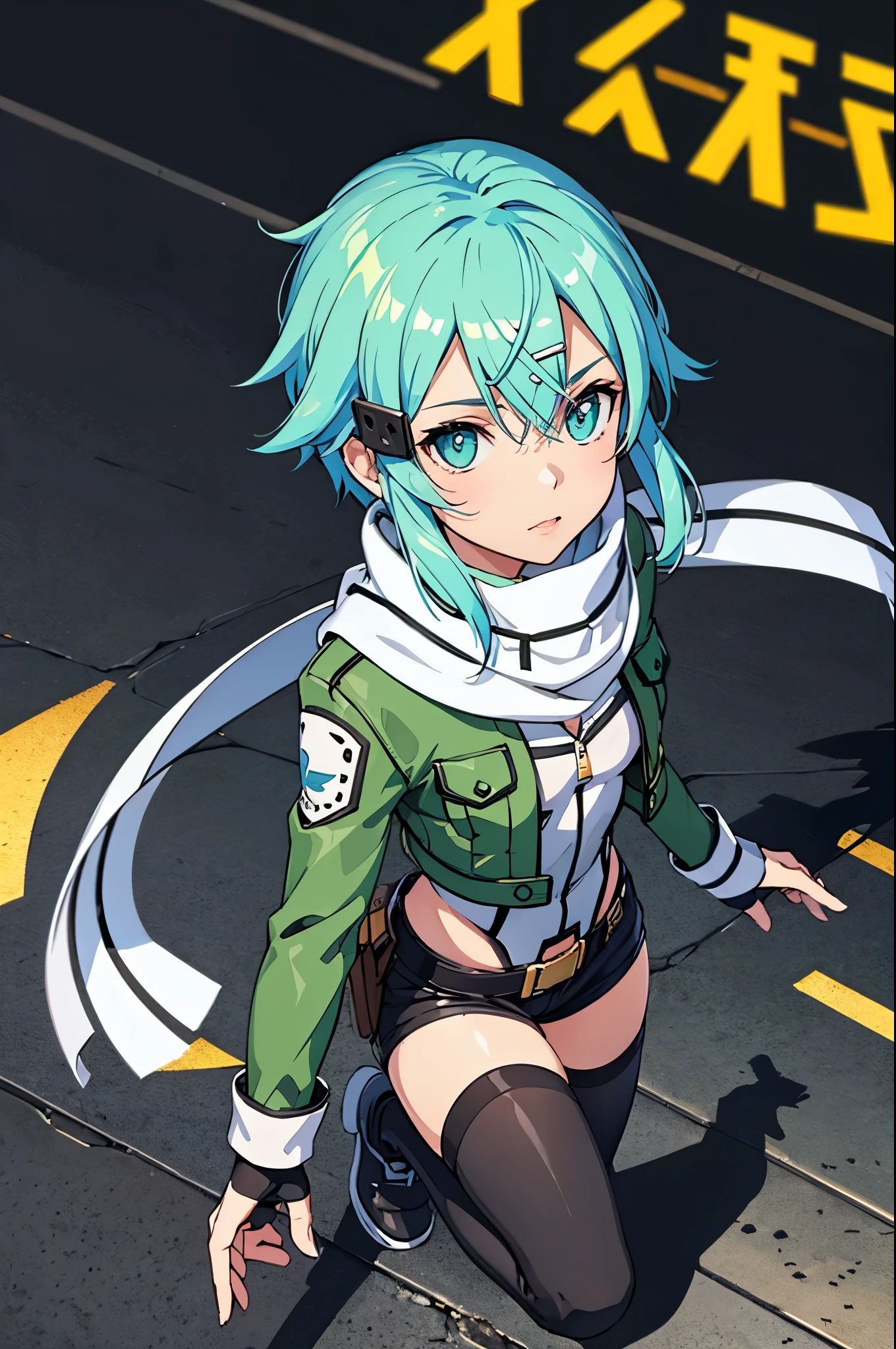 (masterpiece), best quality, expressive eyes, perfect face, highres, sinon1, scarf, fingerless gloves, long sleeves, short shorts, hair ornament, hairclip, green thighhighs, green jacket, thigh strap, field, ruins background, ruined structures, standing, portrait,  looking at the viewer, (from above:1.2)