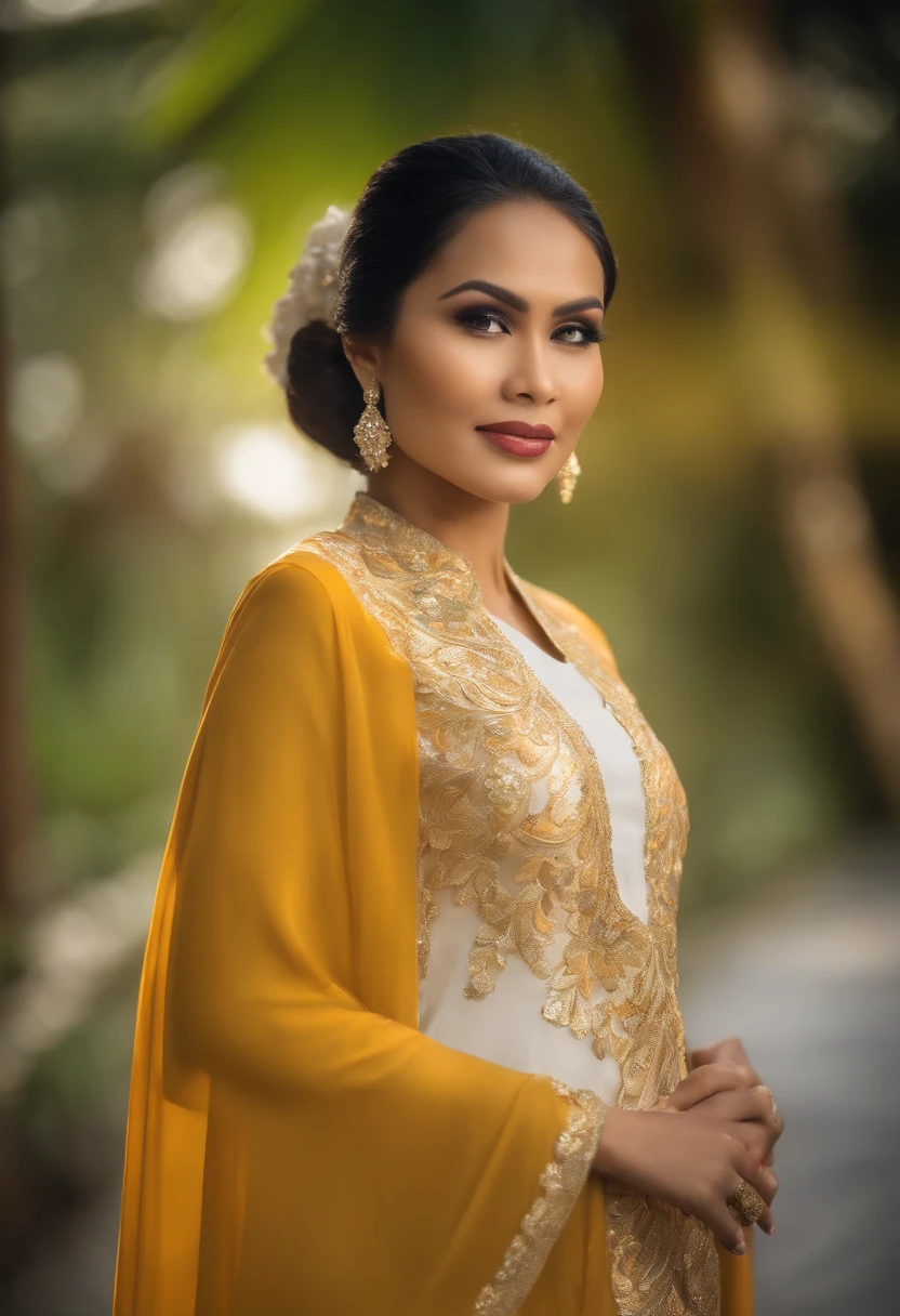 (studio photography of the most beautiful Malay woman model wearing traditional white gold (baju kurung) and long shawl, vibrant colours, ultra detail, hdr, blur outdoor background, f1.8)