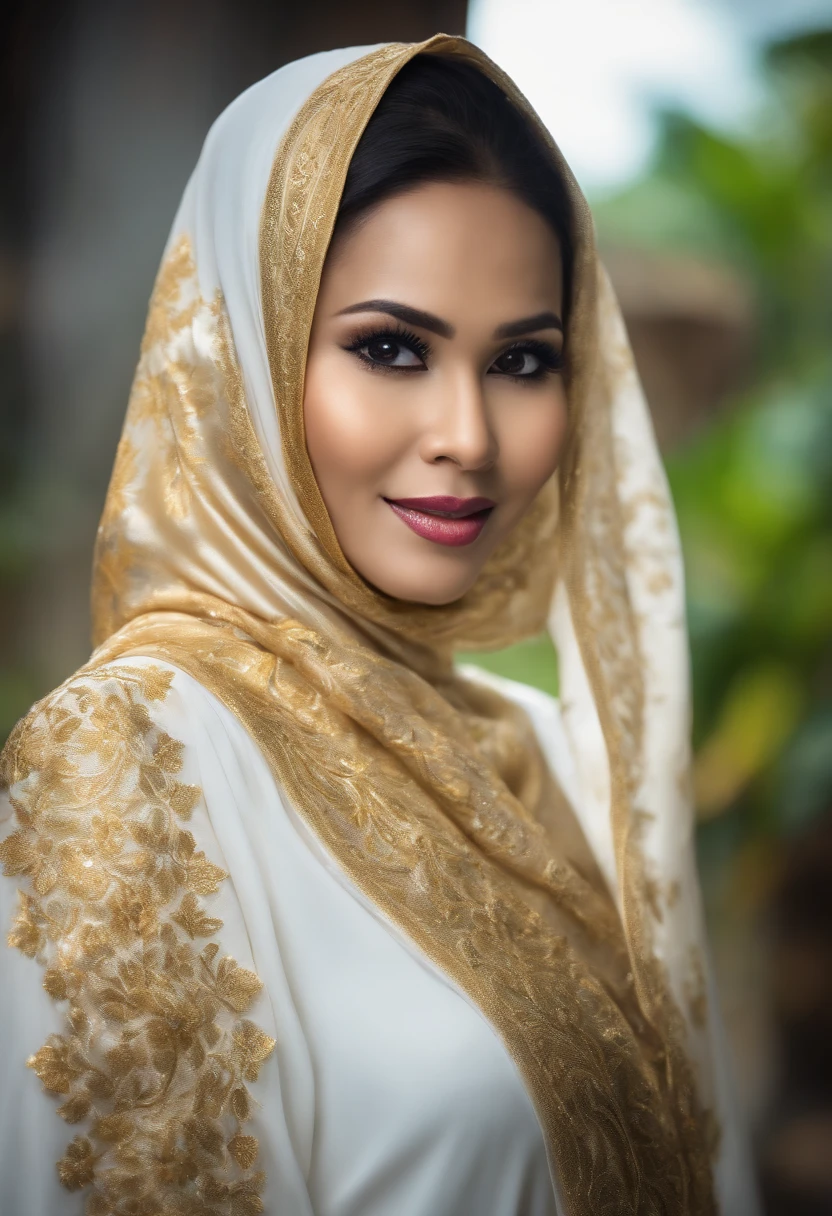 (studio photography of the most beautiful Malay woman model wearing traditional white gold (baju kurung) and long shawl, vibrant colours, ultra detail, hdr, blur outdoor background, f1.8)