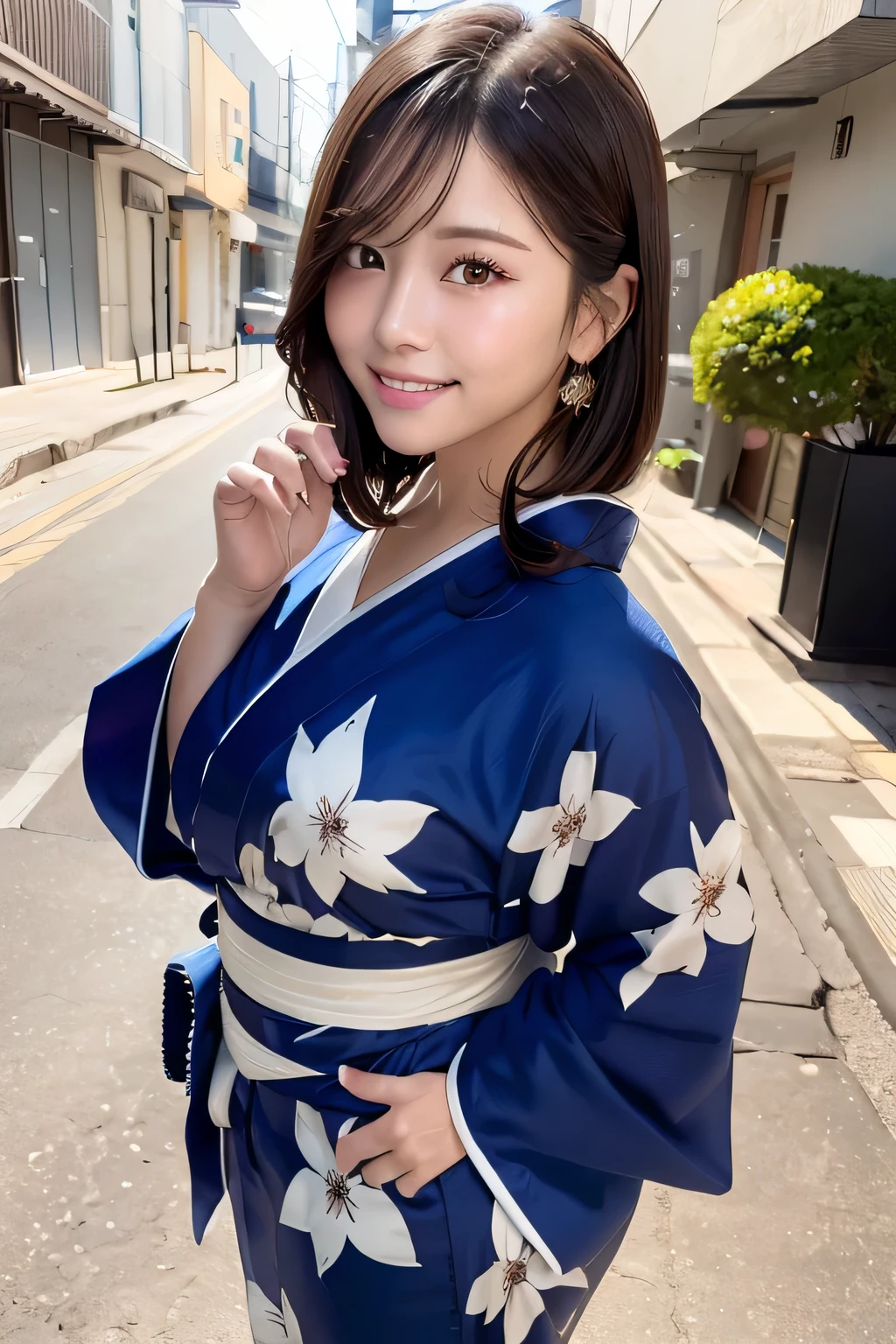 (masterpiece:1.3), High resolution, Super detailed, Highly detailed CG Unity 8K wallpaper, realistic, photo-realistic, RAW photo, beautiful detailed face, white skin, realistic glistening skin, fine cloth texture, detailed hair texture, perfect body, beautiful face, Accurate, anatomically correct, Highly detailed face and skin texture, natural neck length, (beautiful hands), (Fair skin:1.2), thin legs, thin legs, (aligned teeth:1.1),
break,
fine eyes, symmetrical eyes, light brown eyes, double eyelid, thin eyebrows, (glossy lips:1.4), ((shy smile:1.2)), (blush:1.1),
break,
(classy and cute girl:1.3), (She is wearing a dark blue yukata with a white carp pattern.:1.2),
break,
medium breasts, (slender body shape:1.1), toned abdominal muscles, beautiful clavicle, Look up at me with upturned eyes,
(dark blonde hair, wavy hair:1.1), ((long hair:1.2)), ((asymmetrical bangs:1.2)), (upper body shot:1.2), From above,
break,
((Standing in a cute pose while showing off your yukata:1.2)), ((Back alley of Ikebukuro)),