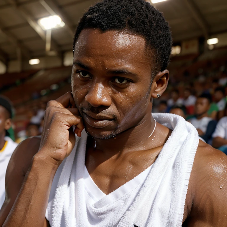 In a crowded stadium, an African soccer fan cleans his sweaty face with his small white towel.