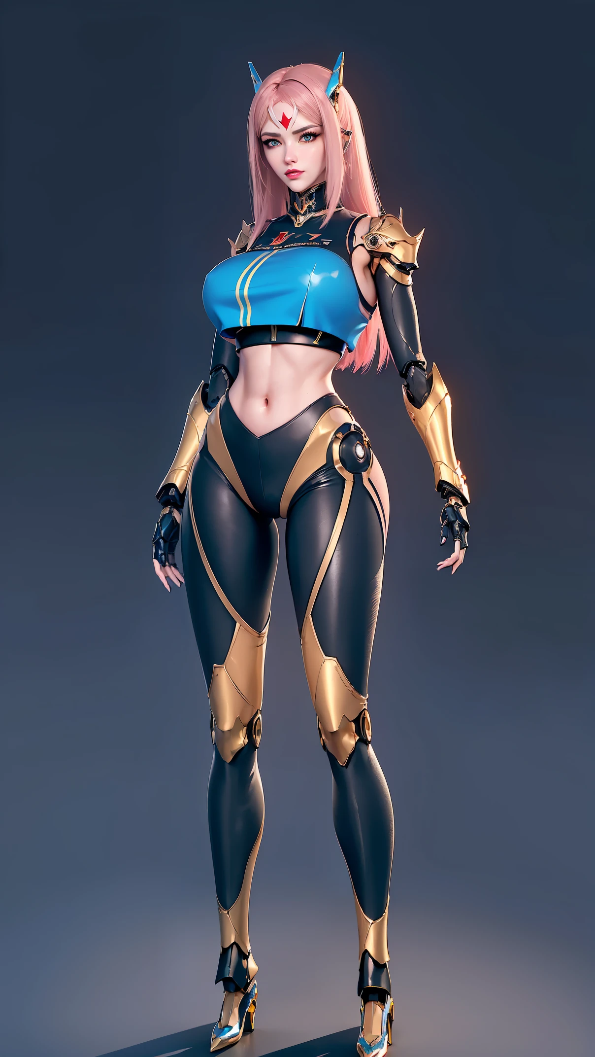 physically-based rendering, (girl alone:1.5), (muscular body,huge fake breast:1.4), street city, slim waist, big buttocks, (Full body:1.3), standing, skintight leggings, (wearing futuristic mecha armor full set crop top:1.5).