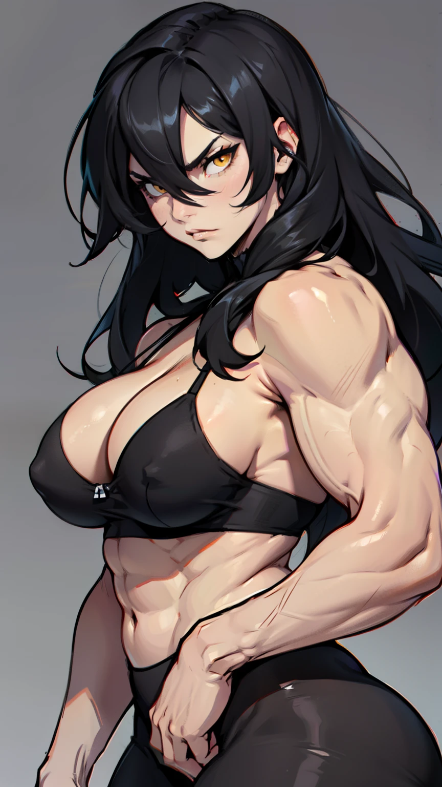 pale angry muscular girl thick breast black hair yellow eyes long hair hair between eyes