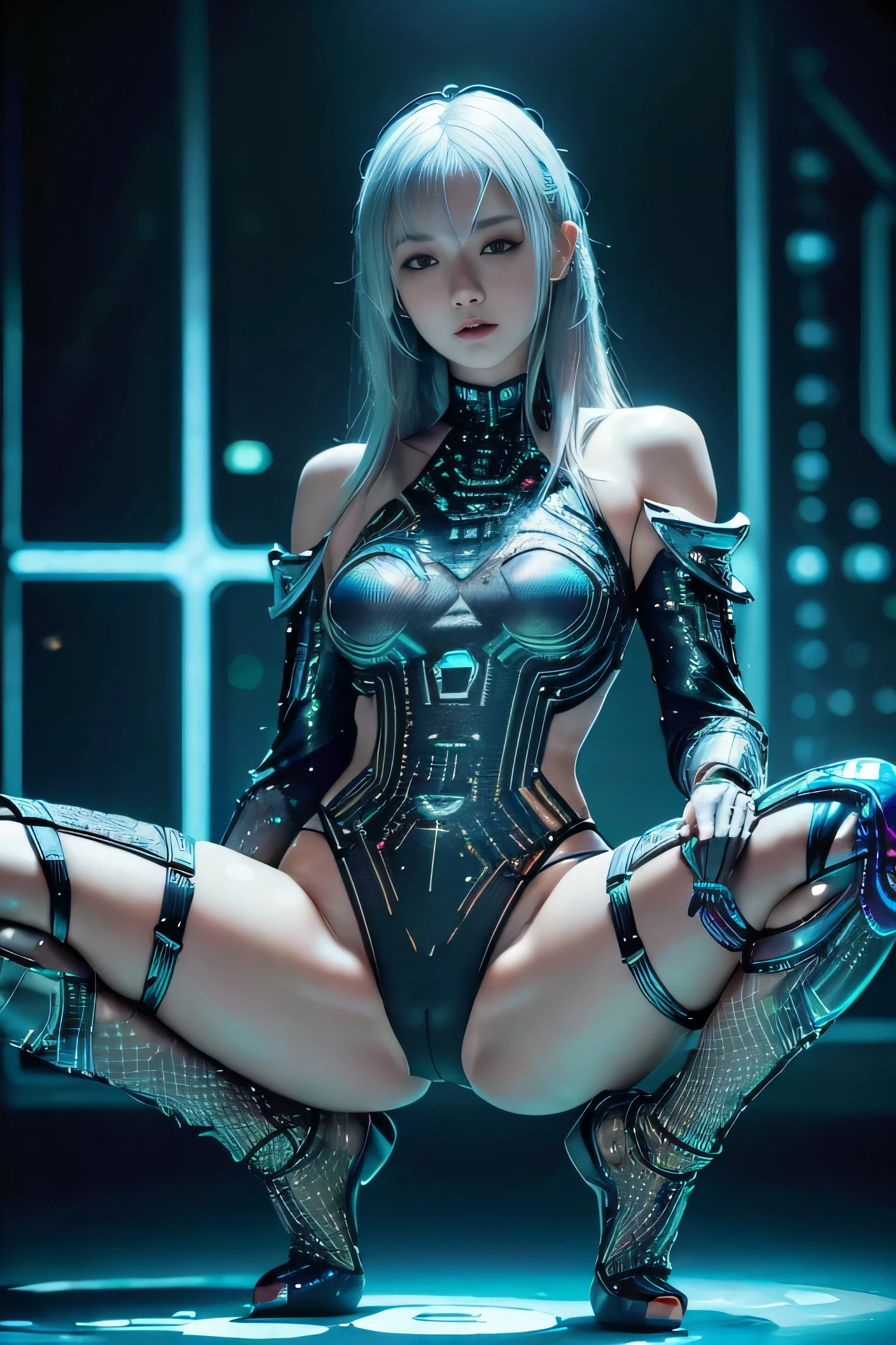 ((highest quality)), (masterpiece)), (be familiar with:1.4), 3D, beautiful cyberpunk woman image、(european:2)、(exposed skin:1.3)、Battle Jacket、cute、(be familiar withな顔:1.5)、silver hair、HDR,ray tracing,NVIDIA RTX,super resolution,unreal 5,scattered below the surface,PBR texturing,Post-processing,anisotropic filtering,written boundary depth, maximum clarity and sharpness, multilayer texture, Albedo and specular maps, surface shading, Accurate simulation of light-matter interactions, perfect proportions, octane rendering, two-tone lighting, wide aperture, Low ISO, White balance, Rule of thirds, 8,000 students, (Circuit Board AI:1.2)、(barefoot)、(spread your legs:1.5)