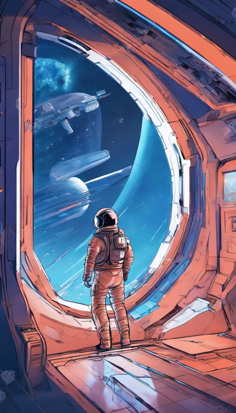 Astronaut is looking out the spaceship window,large area windows,Blue tones inside the spaceship,neon lights,City view from the window