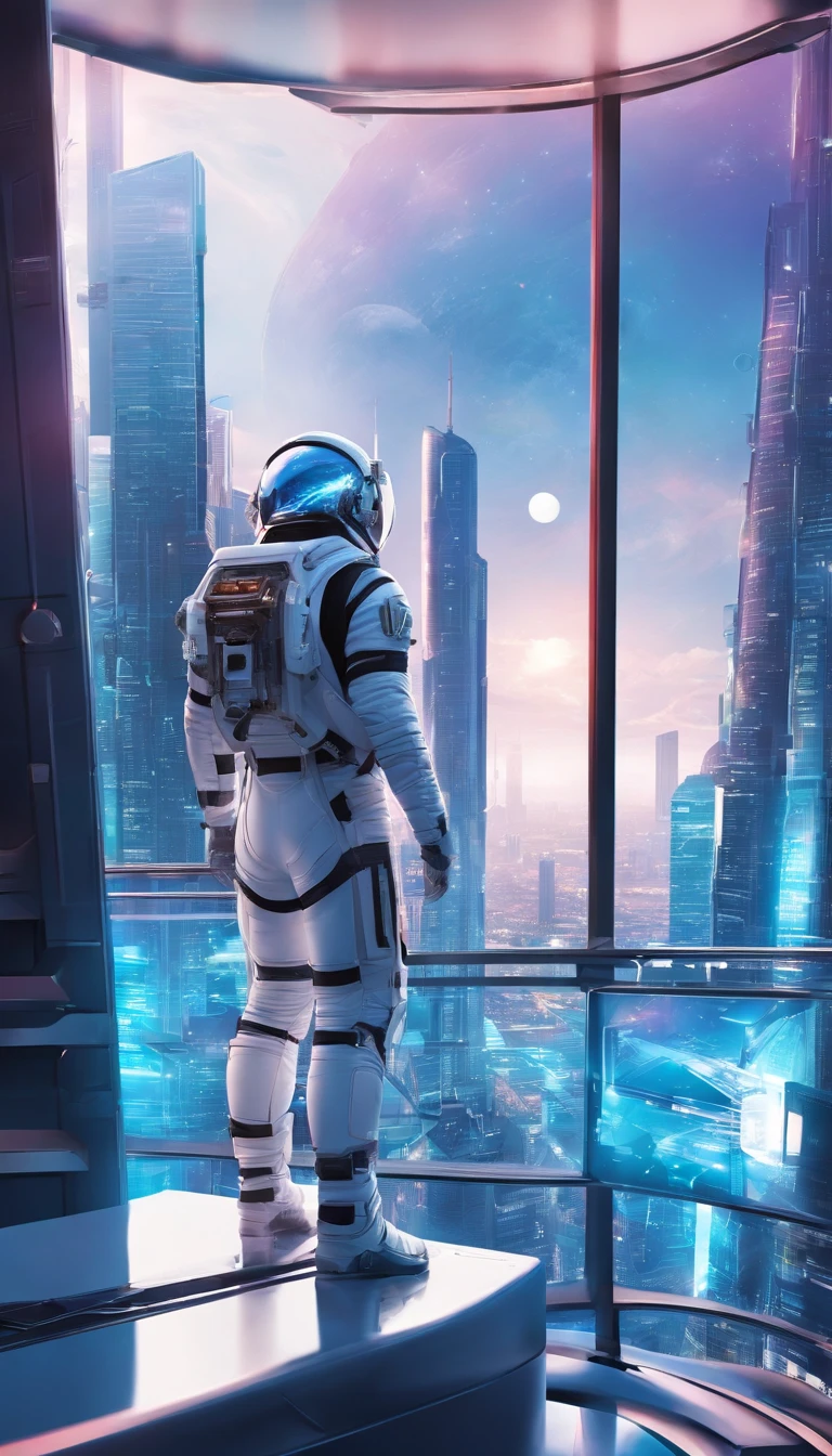 Astronaut is looking out the spaceship window,large area windows,Blue tones inside the spaceship,neon lights,City view from the window