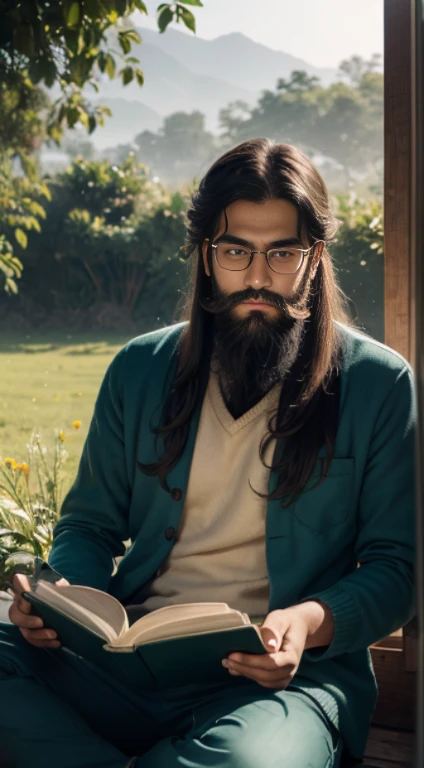 In a vivid Indian landscape, a young boy with long hair and long beard sits in a green-blue field, a pair of glasses perched on his nose, a book in hand, his thoughtful expression reflecting a sleepy yet contemplative state, Realistic photography, employing soft natural light for clarity and warmth, --ar 16:9 --v 5