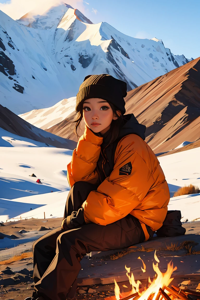 Sitting and lighting a bonfire pose & detailed face, Vinicunca, mountains of all colors, snow mountain, Beautiful girl, UHD Portrait, (high quality) (ultra detail) Observe the viewer dressed in hip-hop-style street clothes.; another, fancy, very dark long hair 🌈