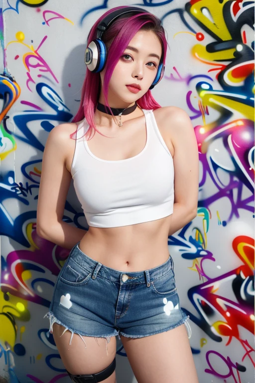 Masterpiece, best quality, 1 girl, alone, crop top, AbdomenSix pack, Denim shorts, choker, (Graffiti:1.5), Color splash, arms behind back, against wall, look at viewer, armband, thigh strap, Paint on the body., tilt your head, bored, multicolored hair, tear, Headset,