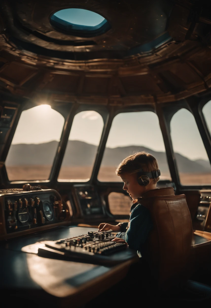 steampunk exterior of a spaceship. A 9 yo kids working himself Through the windows you can see the landscape of an alien planet, the entire space is full of work consoles with electronic devices and screens, full-HD