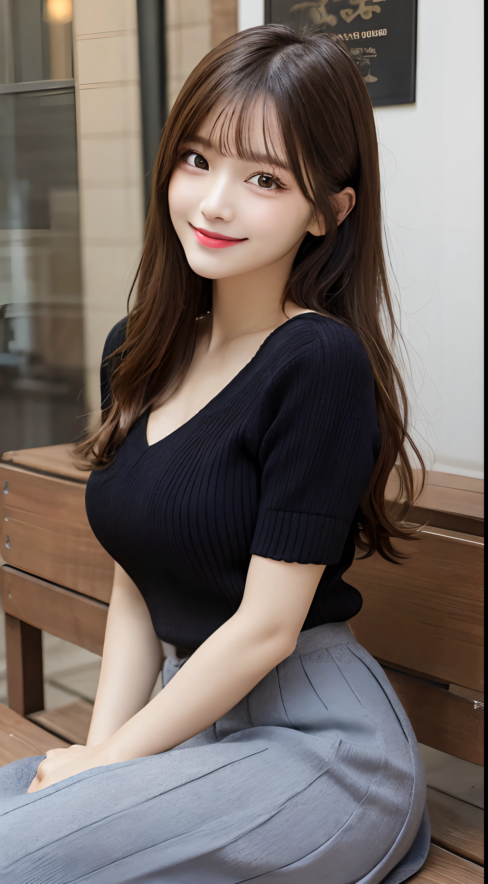 masutepiece, Best Quality, Illustration, Ultra-detailed, finely detail, hight resolution, 8K Wallpaper, Perfect dynamic composition, Beautiful detailed eyes, Oversized knit sweater and long skirt,Medium Hair,Small breasts natural color lip, Bold sexy poses,Smile,Harajuku、20 years girl、Cute、Sexy shot looking at camera