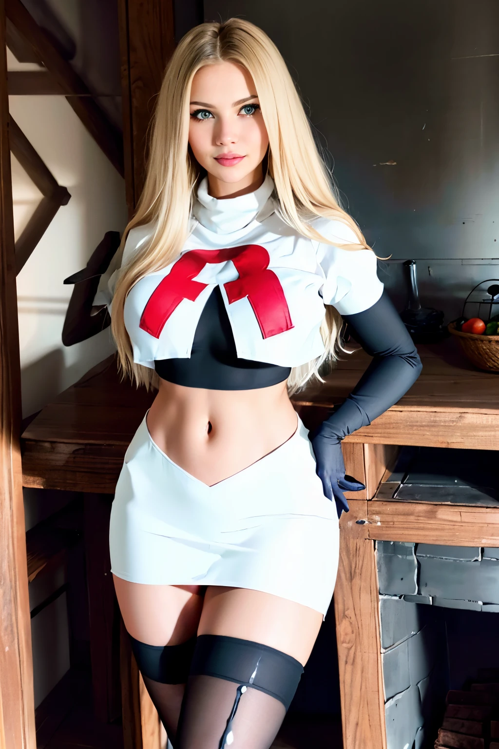 (Realisitc:1.5) woman wearing team rocket,team rocket uniform,white skirt,red letter R,crop top,black thigh-highs,black elbow gloves,