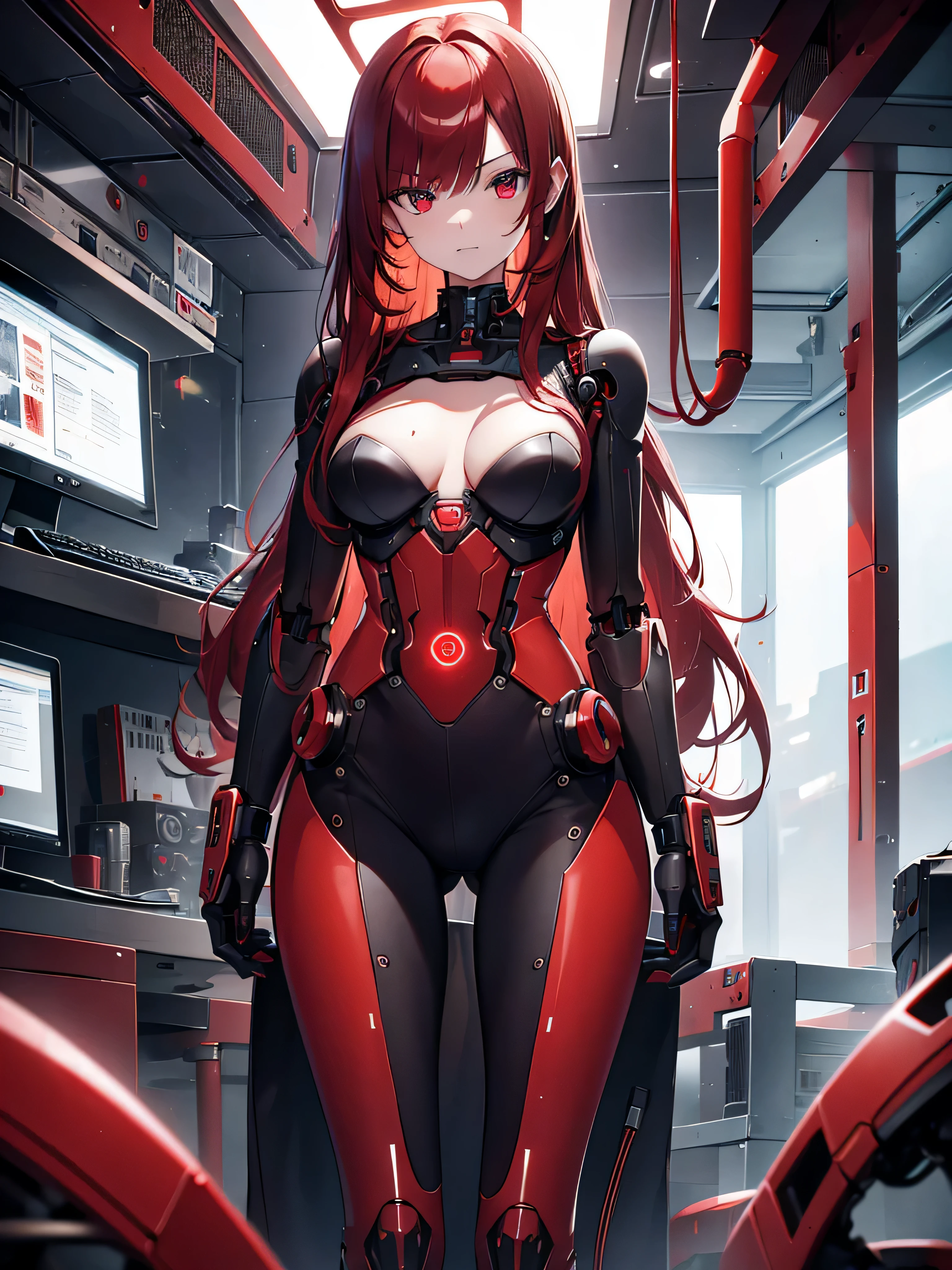 1girl, lange rote Haare, Roboterfrau mit Supercomputer verbunden, Android, halber Roboter, visible metal back, red tubes, rote Kabel, evil computer base, absurder, High Resolution, ultrascharf, 8 TAUSEND, Meisterwerk, hohe Details
