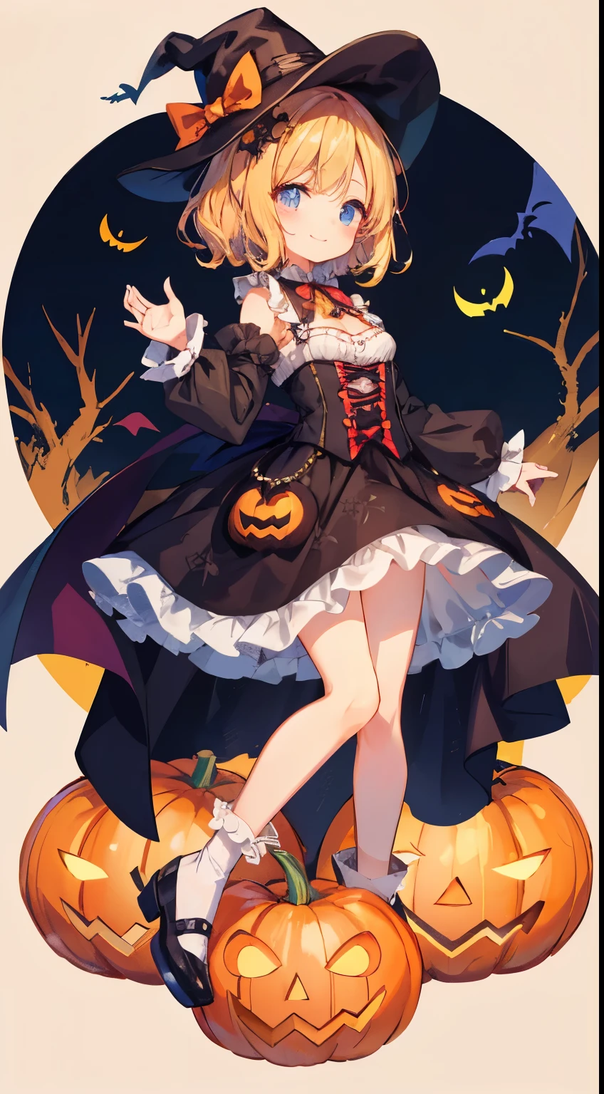 Cute Halloween Theme、full body Esbian、Eye Up、A smile、 wave her hand、Glamorous Hat、Halloween Accessories、Draw clothes buttons and pockets in a Halloween style、Cute shoes、breasts are large
