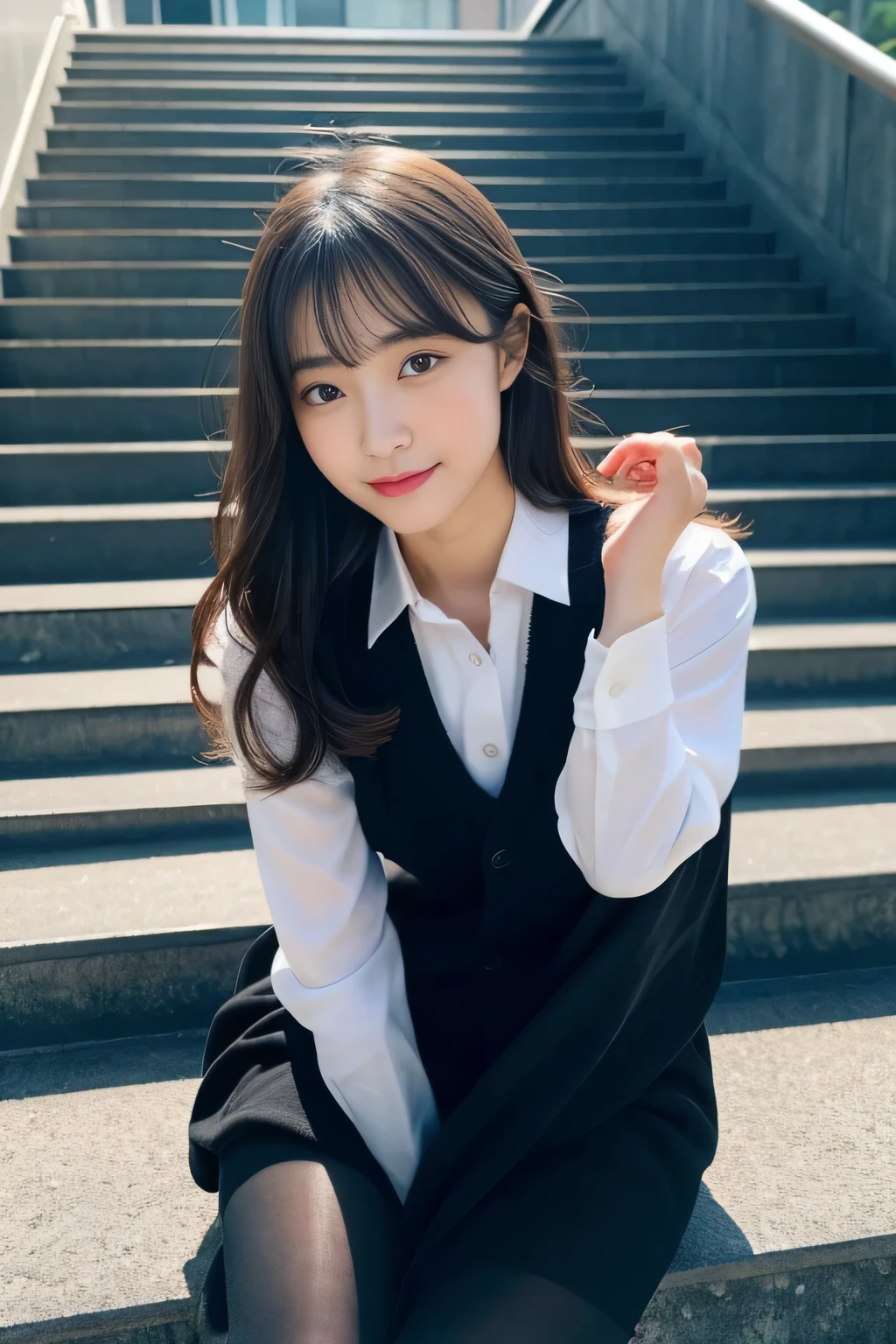 (((32ｋ,high details,high detail、masterpiece,attention to detail,Full body Esbian,alone))),RAW photo & realistic atmosphere,beautiful濃い青色の目,detailed mouth,glossy lips,thin eyebrows,detailed eyes、Soft white skin that shines in every detail、deep blue eyes,とてもbeautiful目,detailed lips、とてもbeautiful顔,very well-shaped face、lifelike face,艶やかなbeautiful唇, Realistic young gravure idol, とてもbeautiful女子高生, ,適度にbeautiful, Young sensual gravure idol, young gravure idol, beautiful, cute and sexy１5 year old high school girl,the whole body is wet,dripped down,face is flushed,とってもbeautiful１a five years girl,shortcut,brown shiny hair,hair is wet,dripping水,dripping,（black pantyhose,beautiful fece,look at the camera：1.4）,（Cross your legs in black pantyhose,darkness,very dark,Pitch-black staircase without street lights,Illuminate the subject with a flashlight,Spotlight：1.7）,（sexy,a little chubby,high detailハイビジョンハイビジョン日本ハイビジョンブラックハイビジョンハイビジョンブラック女子高生ユニフォーム,well-shaped chest,,mature body, I feel anxious and want to cry,Moist eyes,cold smile,It was glaring,It was glaring顔も綺麗です：1.5）,（The chest of the uniform is open,Sit on the stairs with your legs open in an M shape,roll back：1.7）