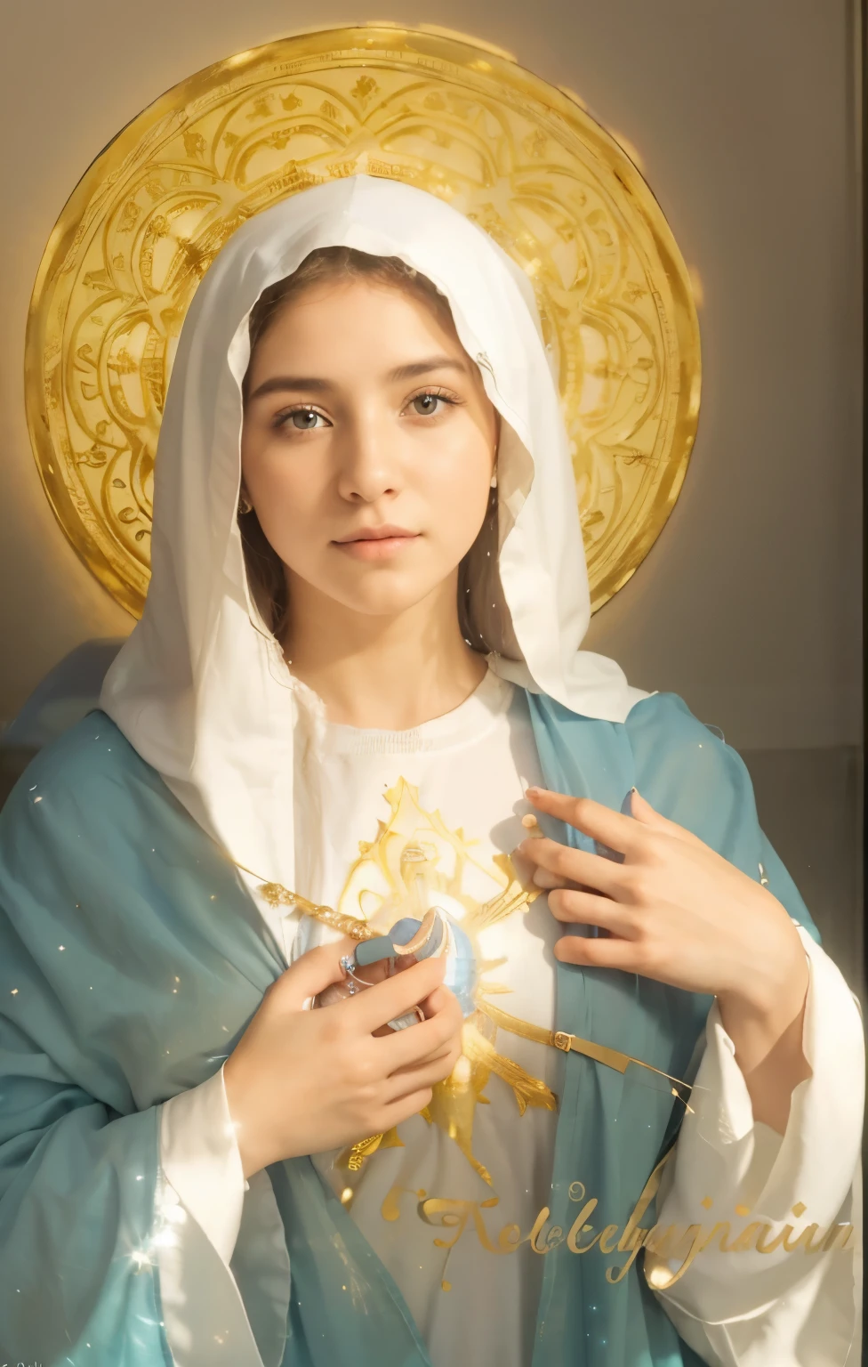 ((Most Holy Immaculate Heart of the Virgin Mary. 17 years old. IN CUSTOM METALLIC COLORS maya blue))) luminoso, obra maestra, (Mejor calidad: 1.2), (super fine: 1.2), illustration, (extremadamente delicado y hermoso: 1.2), movie angle, flotante, (Hermoso detalle ojo: 1.1), (detalle de luz: 1.1), Movie Lights, Cielo delicado, ojos azules, (cola de caballo alta: 1. 1), capa, Ojeteador, cielo estrellado, (light particles: 1.1) Dibujo, flor. (obra maestra), (Mejor calidad), (fotorrealista:1.3), 8k, textura de piel detallada, Textura de tela detallada, hermoso rostro detallado, detalles intrincados, ultra detallado (Cuerpo completo:1.2)