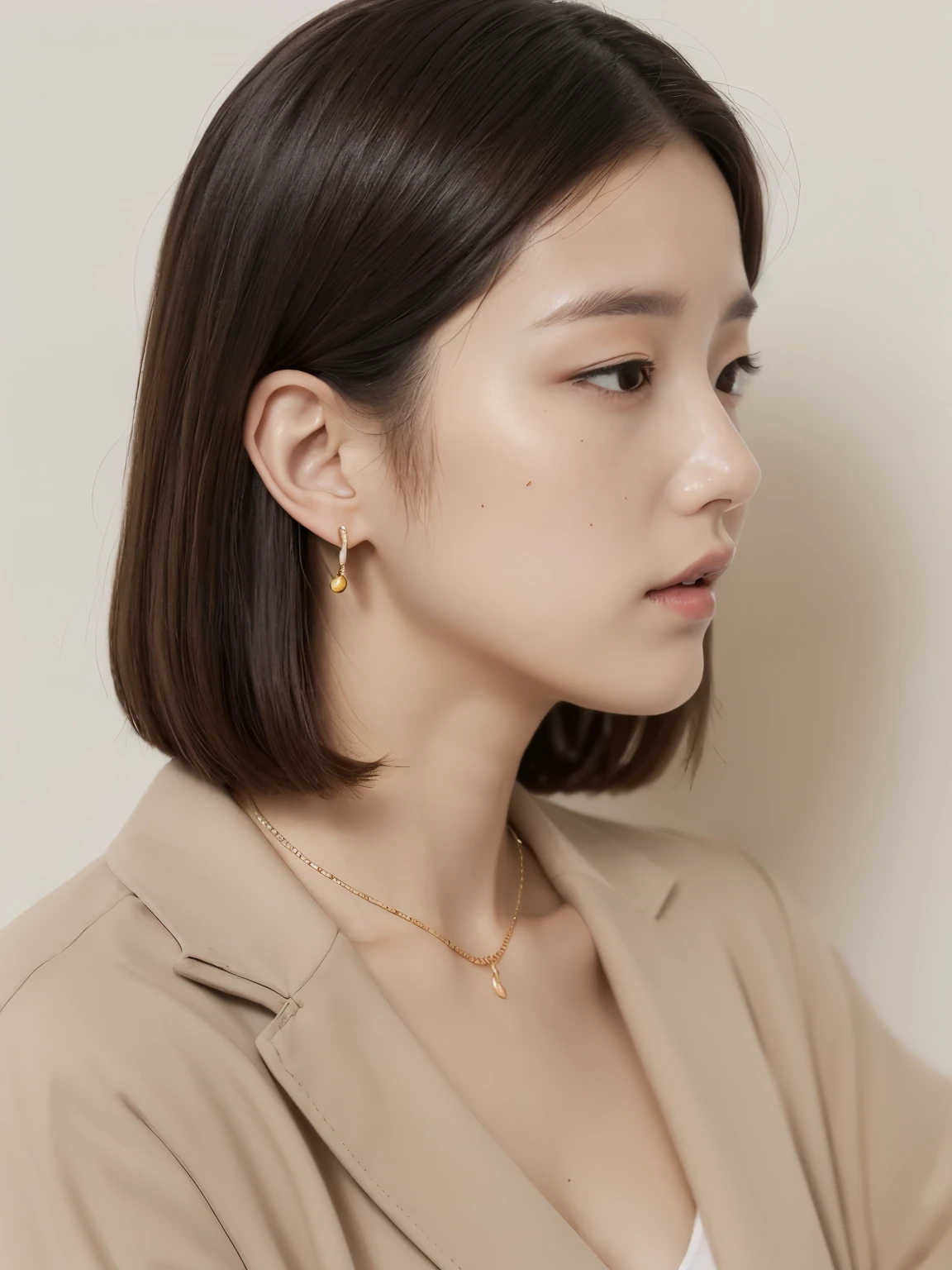 highest quality:1.3、masterpiece、High resolution、［1 girl］、｛solo｝、real person、Photo of a seductive woman with a loose style of brown hair, pose in the room, (rough skin, skin pores:1.1), (mole:0.8), (imperfect skin:1.1) intricate details, I get goosebumps, perfect face, (freckles:0.9), ((Photoreal):1.1), (immature, 8K:1.2), Cloudy, calm colors,、fine skin、Japanese、thin bunches of bangs、whole body、Beige jacket、White T-shirt underneath、catch light、earrings、necklace、white wall、Upper body、((profile))、Landscape、Don't look at the camera、Shot in natural light