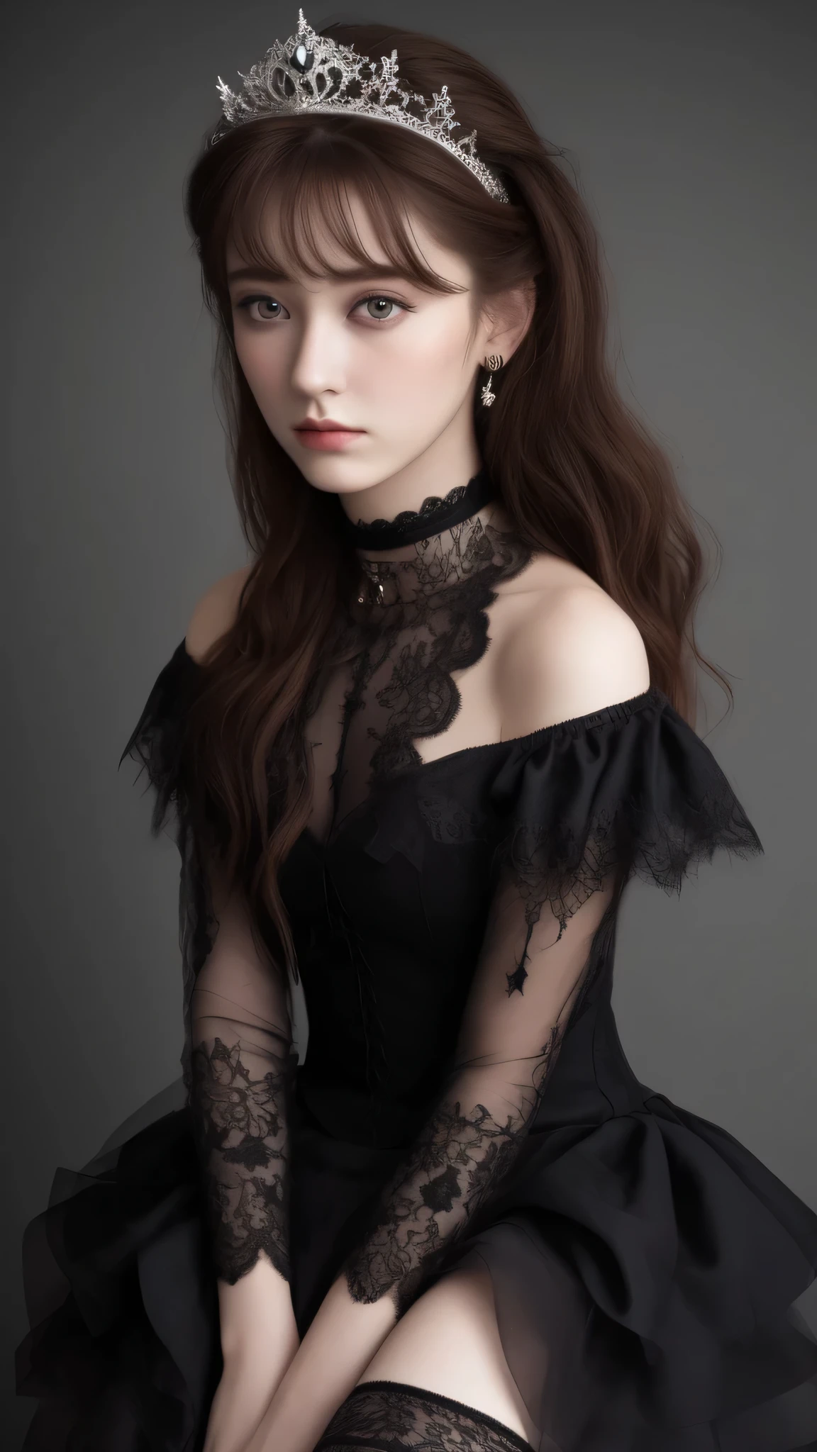 (((masterpiece))), (((super highest quality))), (((almost realistic))), (((trust your eyes))), (((Accurate and detailed human anatomy))), (((highly detailed face))), Gothic Lolita fashion with extremely excessive decorations, Decadent gothic castle in a very dark night, 14 year old Japanese girls only, very long black hair, thick bangs, princess cut, sharp and realistic eyes, Very large slit eye, jewel-like eyes, Very long lashes, very thin nose, small closed mouth, very thin lips, thin jaw, natural makeup, Transparent skin texture, slender body, decorative black tiara, black lace choker、 complete off shoulder, black ruffle and lace miniskirt, black lace over-the-knee stockings.