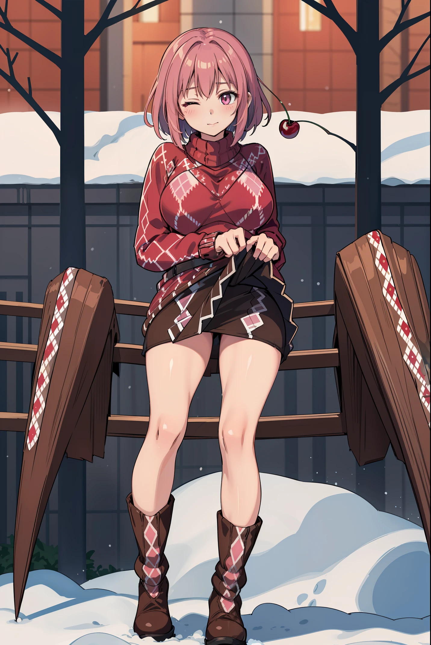 from below:1.6,front focus:1.5,8k wallpaper, table top, highest quality, figure, looking at the viewer, perfect anatomy,(1 female:1.5), alone, 24-years-old,BREAK((pink hair),(pink short hair)),((pink-eyes)),((wink, one eye closed),big breasts, rocket bit,BREAK(lover lover (Argyle pattern), Cherry red knit sweater:1.46), BREAK(Beautiful leg line in a brown miniskirt:1.4), skirt lift:1.4,BREAK(dark grey razor short boots),BREAK((Winter roadside trees, city area, snow piled up)), (Twilight Settings:1.3), (soft, warm lighting:1.3)
