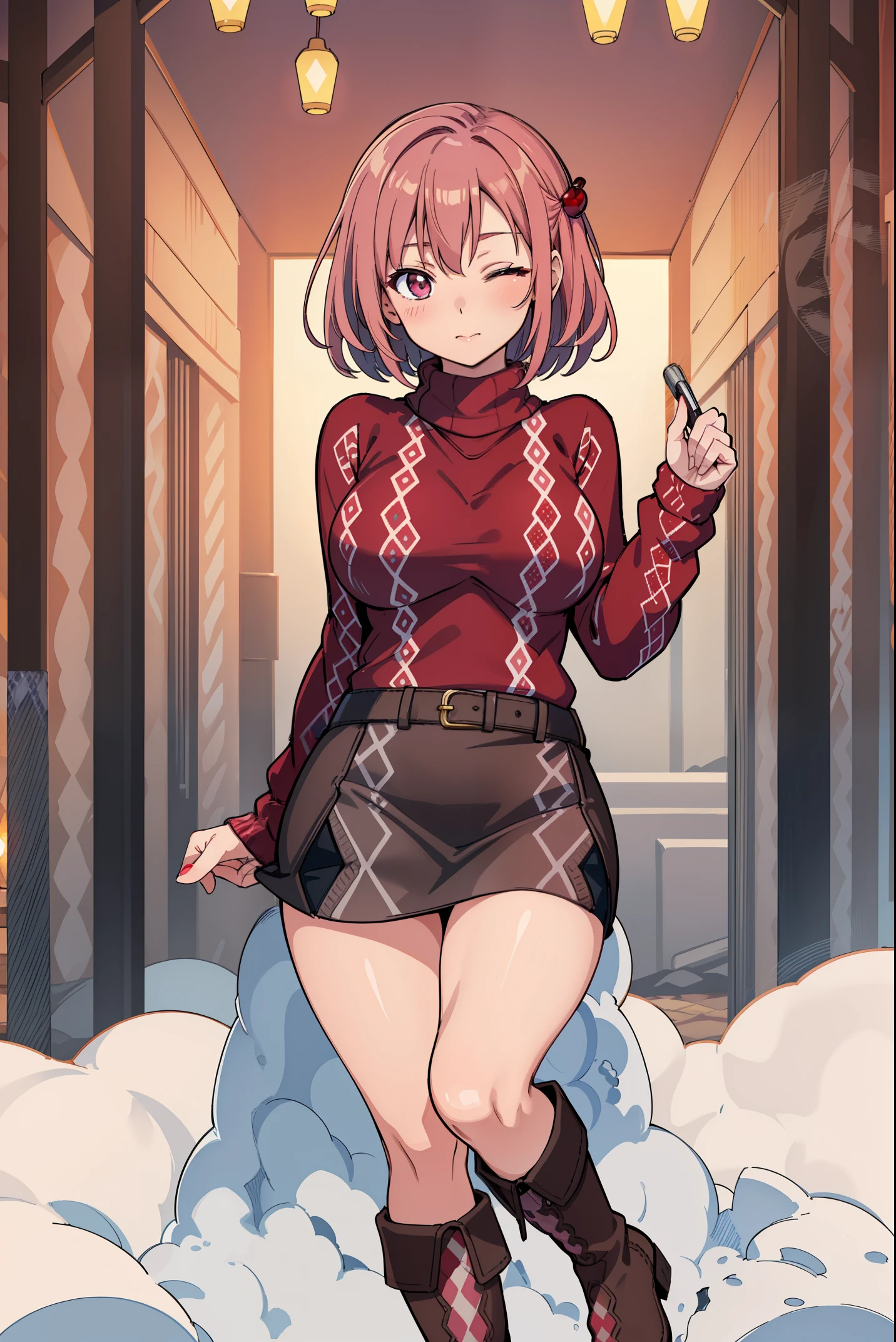 a beautiful young woman with brown hair and bangs, wearing a grey cardigan and socks, with a slim figure and flat chest, posing seductively against a heart-patterned background, highly detailed, photorealistic, 8k, masterpiece,(nsfw,nude)