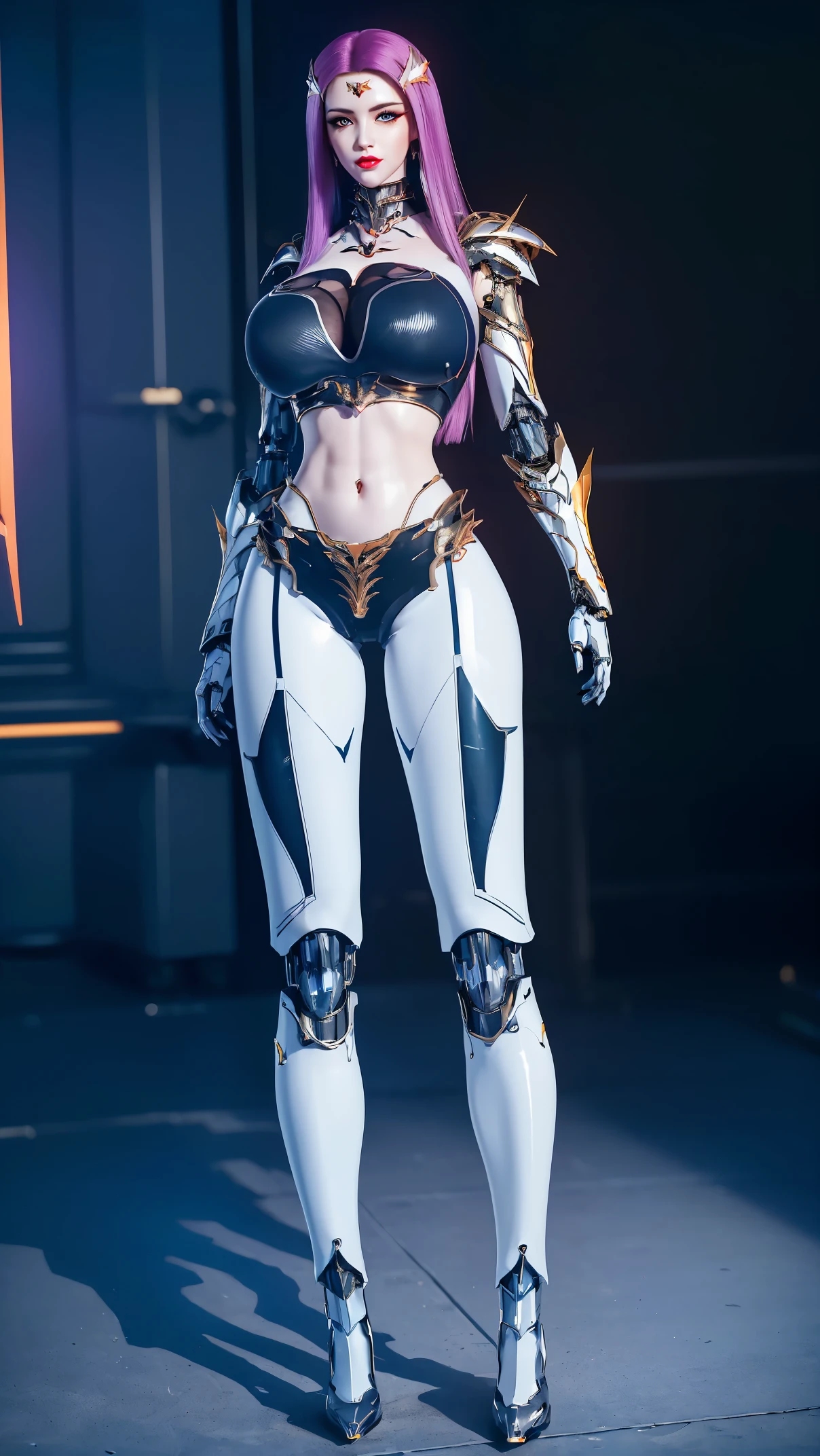 physically-based rendering, (girl alone:1.5), (muscular body),(huge fake :1.5), street city, slim waist, big , (Full body:1.3), standing, skintight leggings, (wearing futuristic mecha armor full set crop top:1.5).