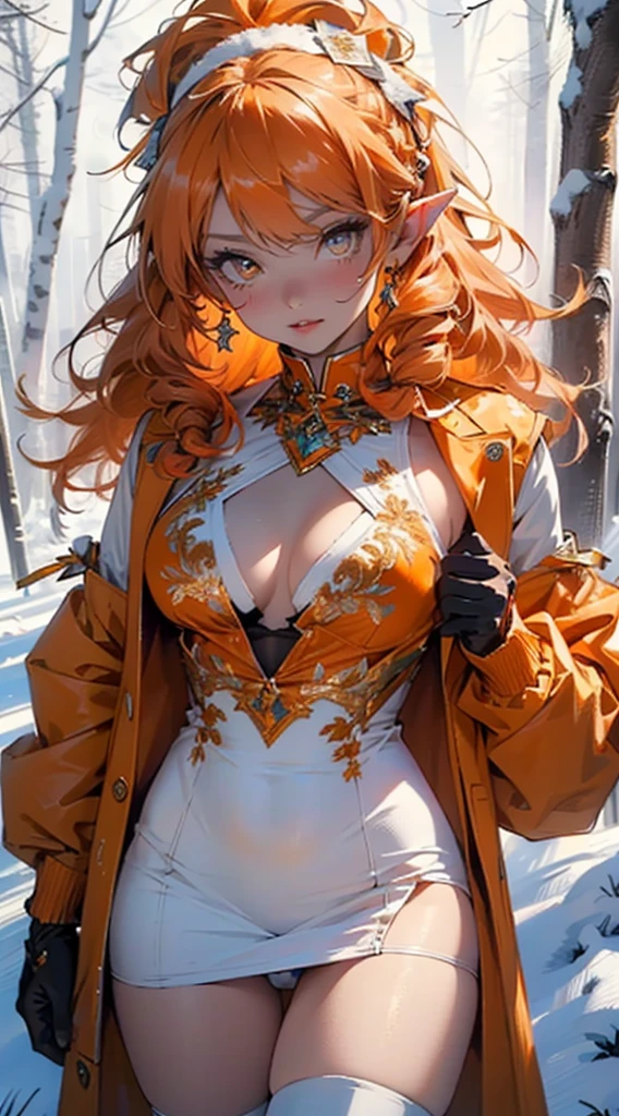 cute elf,(((little loliy little body,little))),(((6 years ime elf loli with extremelye and beautiful orange hair)), (((elf))), (((elf ears))),
(((flat chest))),((((orange hair:1.35,messy orange hair,long hair,huge braids,colored inner hair,ear breathing)))),(((orange_eyes:1.3))),intricate eyes,beautiful detailed eyes,symmetrical eyes,big eyes:1.5,(((lustrous skin:1.5,bright skin: 1.5,skin tanned,shiny skin,very shiny skin,shiny body,plastic glitter skin,exaggerated shiny skin,illuminated skin))),(detailed body,(detailed face)),
cute,slutty,erotic,daring,(((nsfw))),
zettai ryouiki,revealing clothing,show skin,(((Sexy orange coat, orange coat outfit, wearing a orange coat:1.3,orange winter coat))), ((orange mini-skirt,orange mini skirt with furry edge,visible thong straps)),((underpants strap)),(white gloves,orange clothes,semi-naked,with little orange clothing,((((furry edge clothing)))),(((intricate outfit,intricate clothes,embroidered outfit,ornate outfit))),
(dynamic pose:1.0),embarrassed,(centered,scale to fit dimensions,Rule of thirds),
((snowy pine forest at night)),with dark stormy clouds,winter,scenery:1.25,((snow forest background)),Christmas tree,
highres,sharp focus,(ultra detailed,extremely detailed),(photorealistic artwork:1.37),(extremely detailed CG unity 8k wallpaper),(((vibrant colors,vibrant theme))),(intricate),(masterpiece),(best quality),