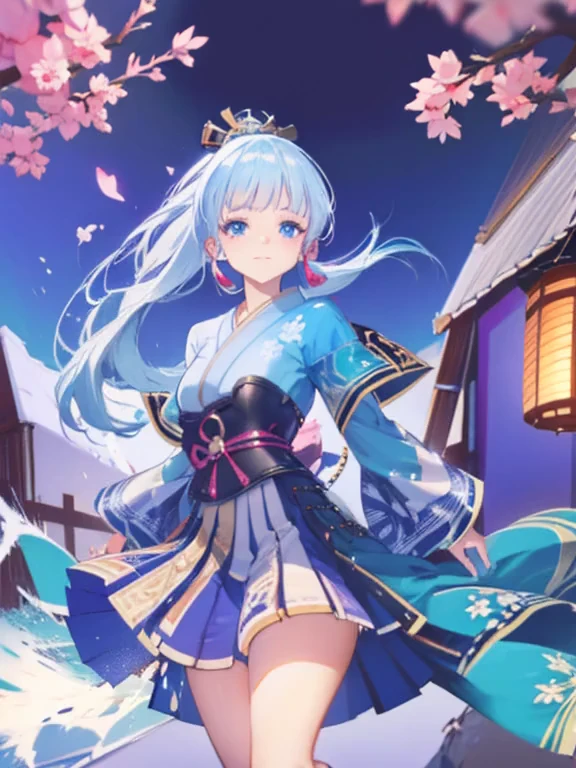 (best quality,4k,8k,highres,masterpiece:1.2),ultra-detailed,realistic,portrait,anime,Kamisato Ayaka,Genshin Impact,frozen cherry blossoms,blizzard,precise swordsmanship,graceful pose,silver hair,lilac kimono,ornate headpiece,icy blue eyes,powerful frost abilities,magic ice crystals,ethereal beauty,traditional Japanese garden,charming smile,colorful lanterns,subtle moonlight,winter-themed backdrop,sakura petals floating in the air,delicate snowflakes dancing,peaceful and serene atmosphere,dynamic action stance,swift and precise movements,elaborate ice sculptures,shimmering frost particles,exquisite details,impressive icy landscapes,hidden secrets and treasures,legendary samurai,spiritual energy flowing around her,swordsmanship training dojo,inspiring and determined spirit,sense of mystery,engaging storyline