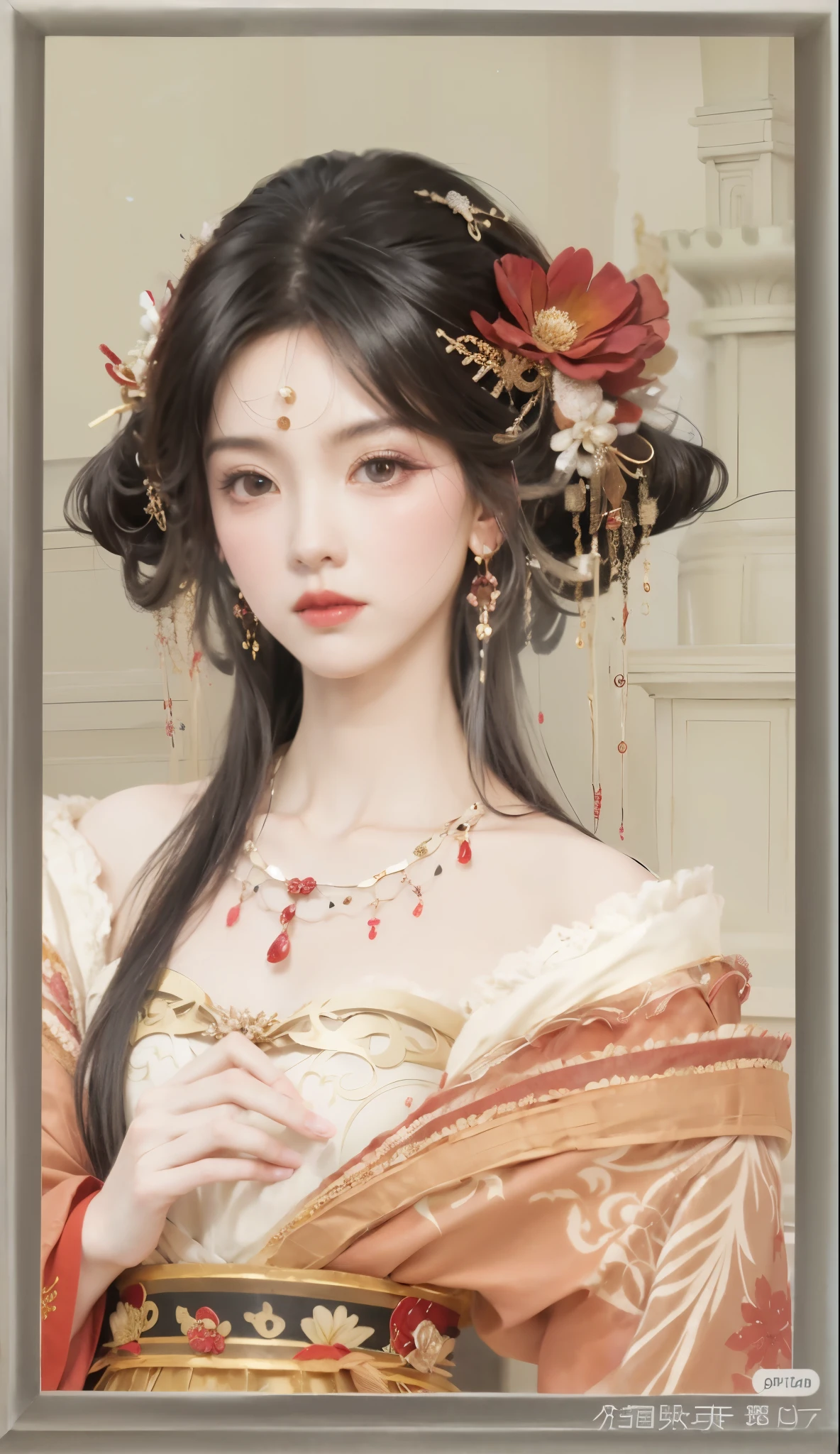 real person，Realistic，a close up of a woman wearing a red and gold dress, ((beautiful fantasy queen)), beautiful fantasy queen, ancient chinese princess, palace ， A girl wearing Hanfu, Queen of China, beautiful figure painting, chinese princess, Inspired by Lan Ying, Inspired by Qiu Ying, Chinese art style, Chinese style, traditional Chinese, Inspired by Puhua