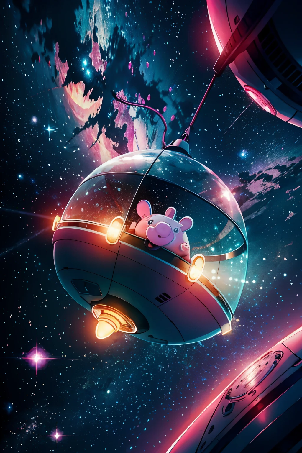 Peppa Pig, a beloved cartoon character, is seen singing cheerfully in a futuristic spaceship. The background is filled with the awe-inspiring starry sky of the future. The stars twinkle brightly, and interstellar gas nebulae add a splash of color to the vast expanse. With every note she sings, tiny meteorites dance past the spaceship window, enhancing the surreal beauty of the scene. The spaceship's interior is illuminated with ambient, ethereal lighting, casting subtle shadows on Peppa's round, expressive face. Her iconic pink dress and curly hair contrast sharply against the dark,