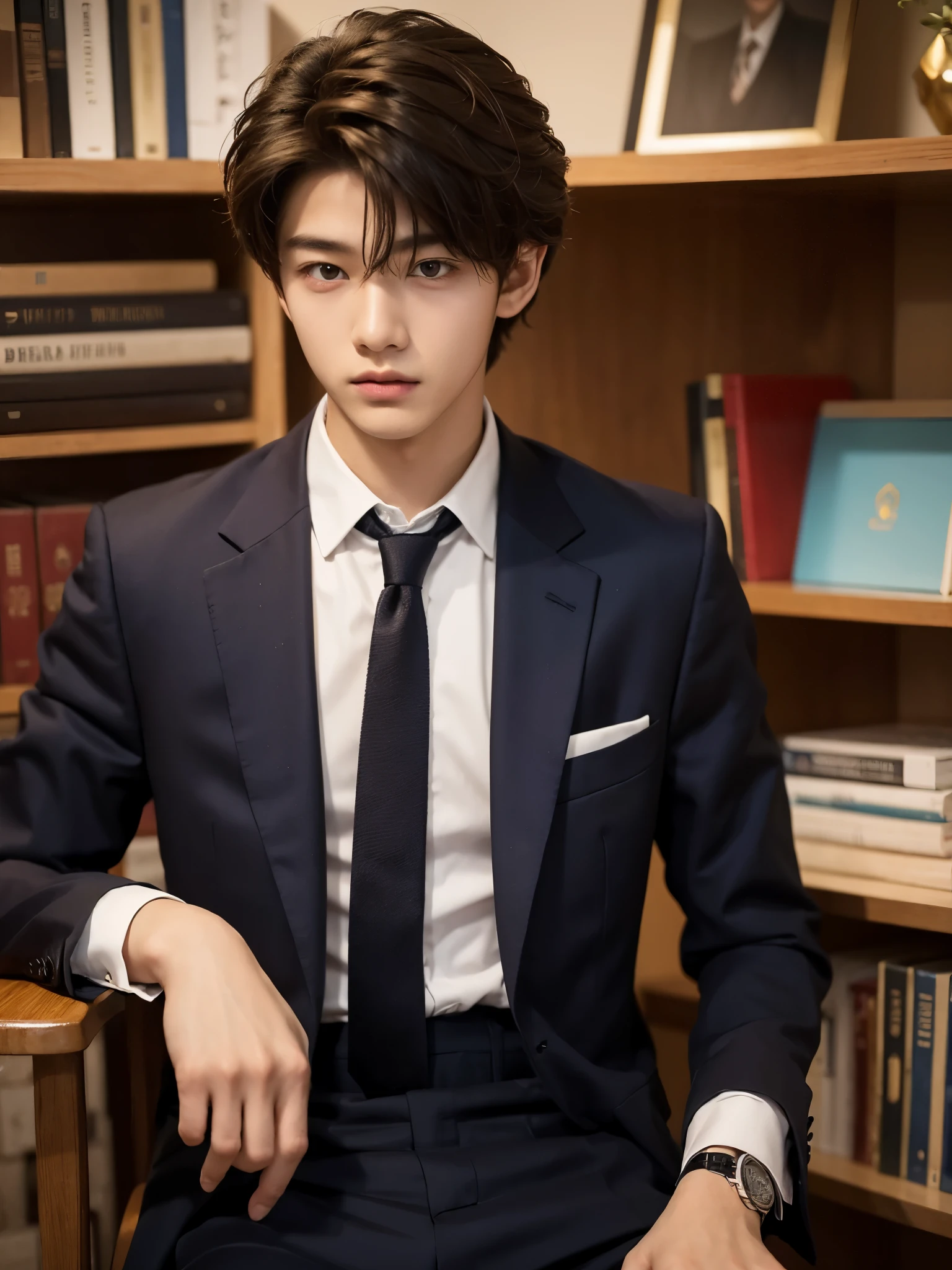 boy, 17 y.o, handsome, comma hair, suit, tie, high school