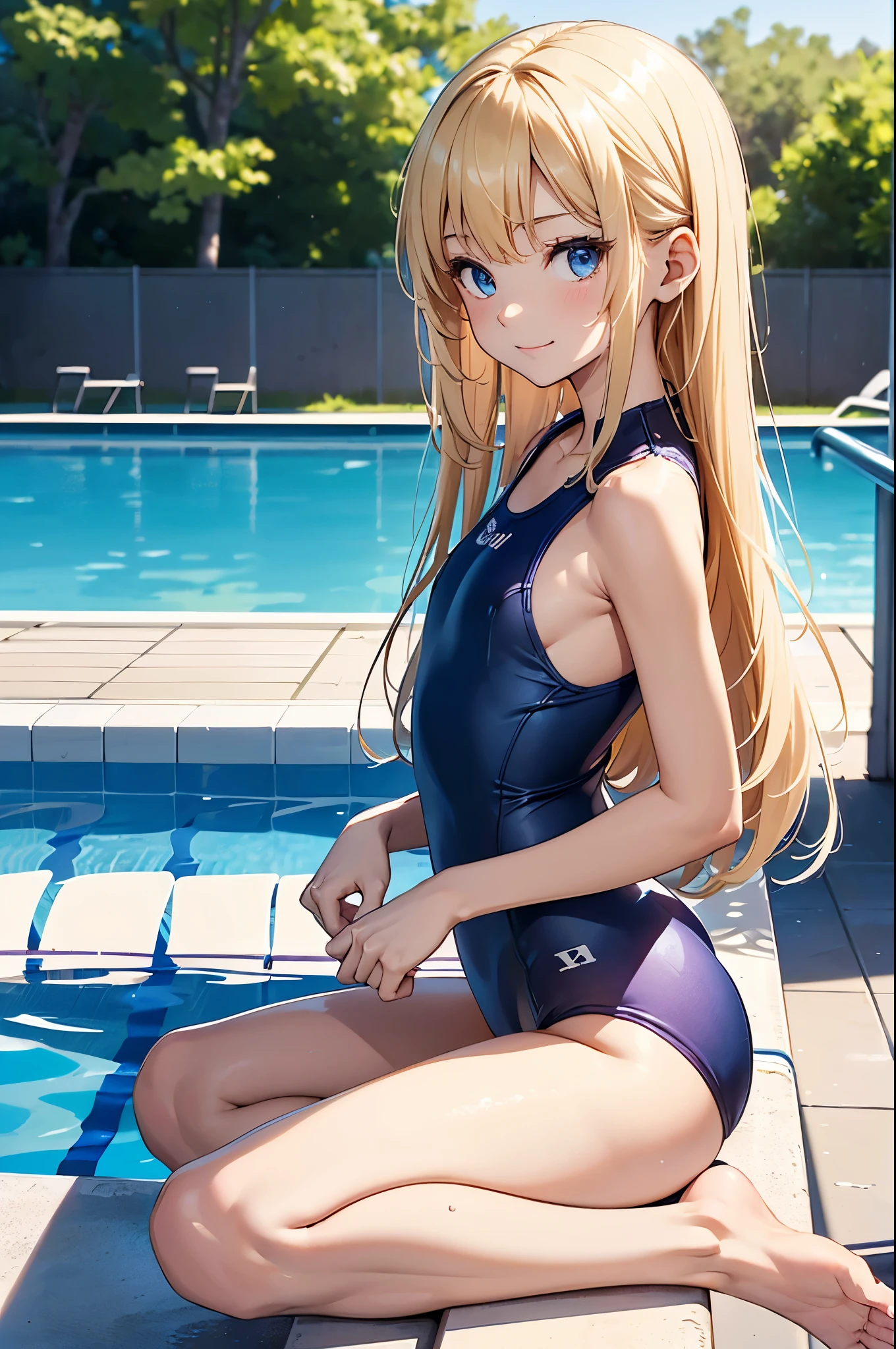 ((masterpiece、4K、8K、highest quality: 1.perfect fingers: 1.perfect anatomy: 1.3、background blur))、((Ultra-detailed facial expressions))、((School Uniform Tops、one piece swimsuit))、((14 years old、slender、small face、super beautiful girl、blonde、straight long hair))、beautiful eyes：1.1、happy smile、（full body display、side view、physical education sitting）、blue sky、School、Poolside、
