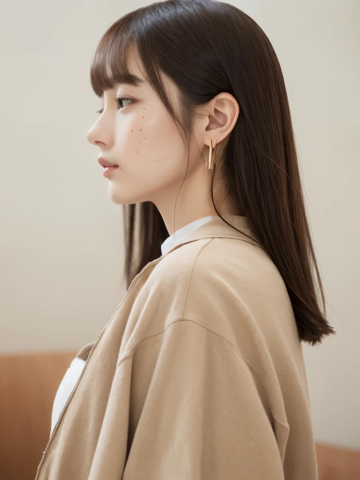 highest quality:1.3、masterpiece、High resolution、［1 girl］、｛solo｝、real person、Photo of a seductive woman with a loose style of brown hair, pose in the room, (rough skin, skin pores:1.1), (mole:0.8), (imperfect skin:1.1) intricate details, I get goosebumps, perfect face, (freckles:0.9), ((Photoreal):1.1), (immature, 8K:1.2), Cloudy, calm colors,、fine skin、Japanese、thin bunches of bangs、whole body、Beige jacket、White T-shirt underneath、catch light、earrings、necklace、white wall、Upper body、((profile))、Landscape、Don't look at the camera、Shot in natural light