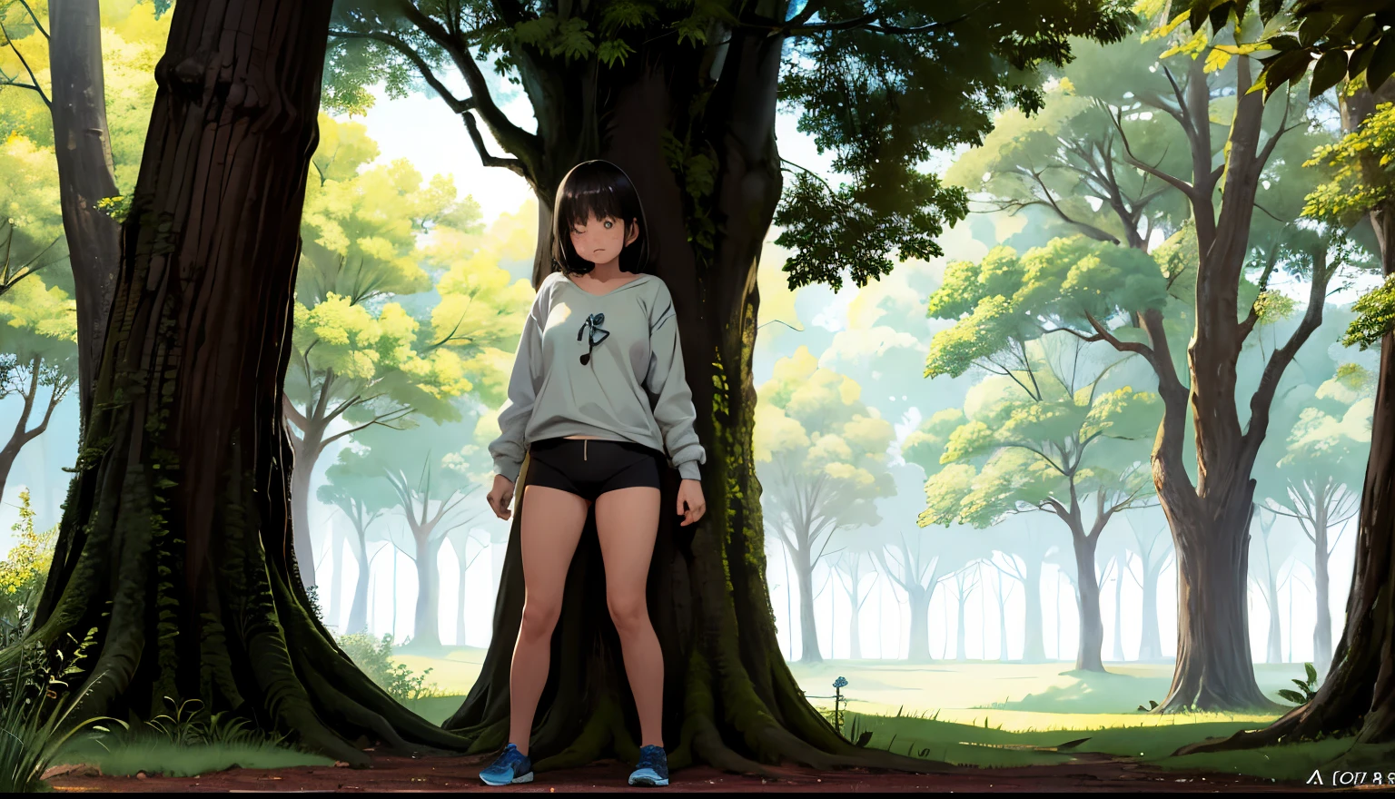 A girl is playing a game of hide and seek in the woods. Except she is wearing nothing but her underwear and she is playing the game with strangers. She can see the strangers in the distance and is terrified of being found. She is so embarrassed to be seen half-naked. People in the background. strangers. other people. Hidden behind a tree. waiting fro the other people to pass by. Body up against a tree.