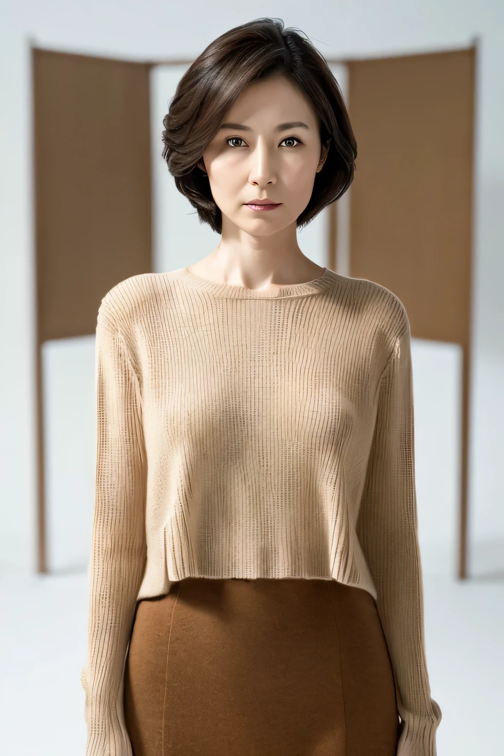 pale plain background,japanese mature, 25 years old, Beautiful woman, alone, Close your mouth and look straight ahead with a serious expression,  (((stand upright, facing the center of the screen.))), Sweater for tank top, skirt, High resolution, High level image quality, high detail, rough skin, anatomically correct, sharp, cowboy shot