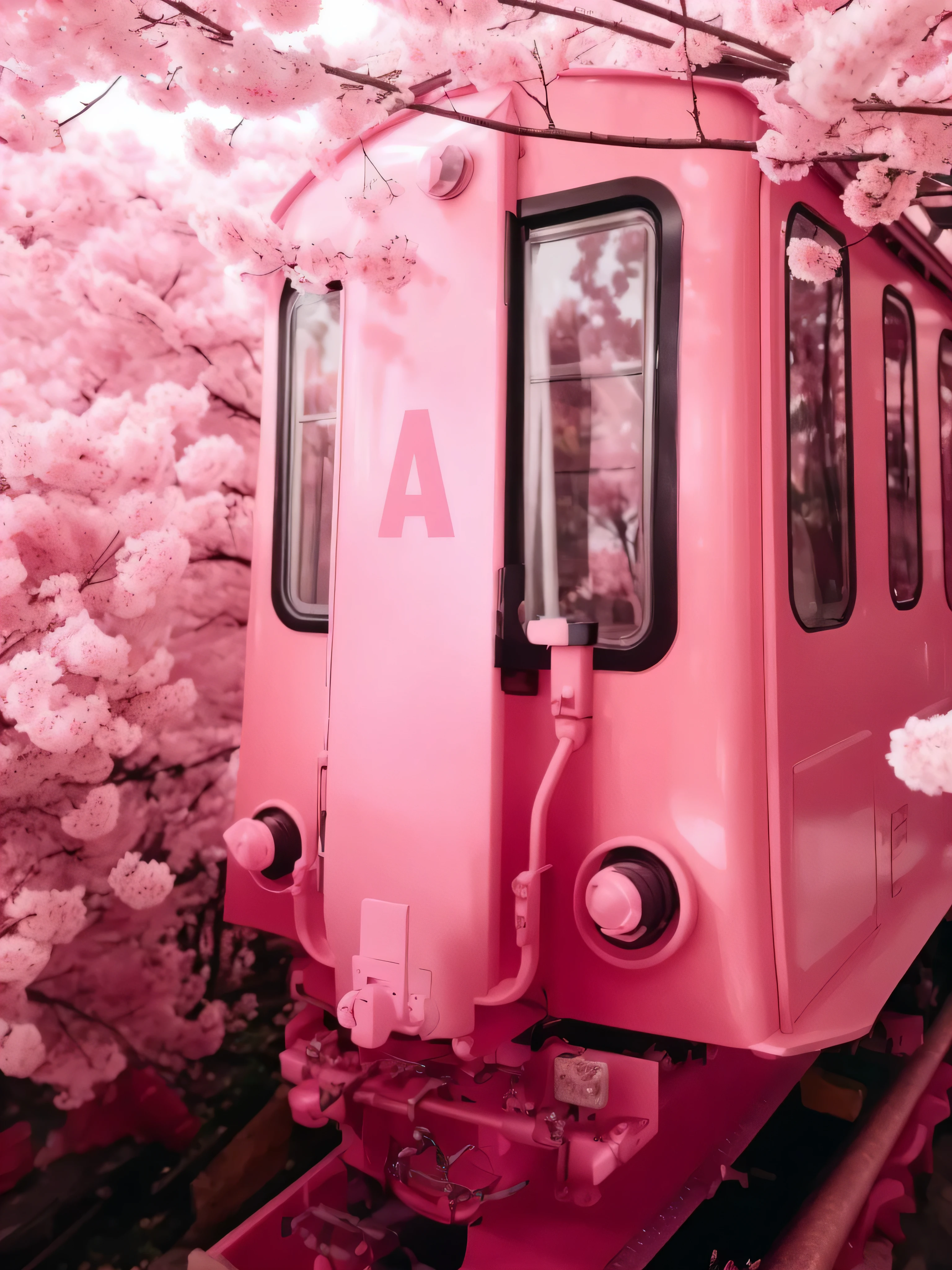 There is a pink train on the tracks,背景是Cherry blossoms树, in pink forest, Pink Soft Light 4 The Power of Red, Cherry blossoms, kawaii aesthetics, dream aesthetics, 郁郁葱葱的Cherry blossoms, aesthetic, pink color scheme, bible. Surrealism, vibrant pink, Japanese travel aesthetic, pink forest, anime style mixed with fujifilm